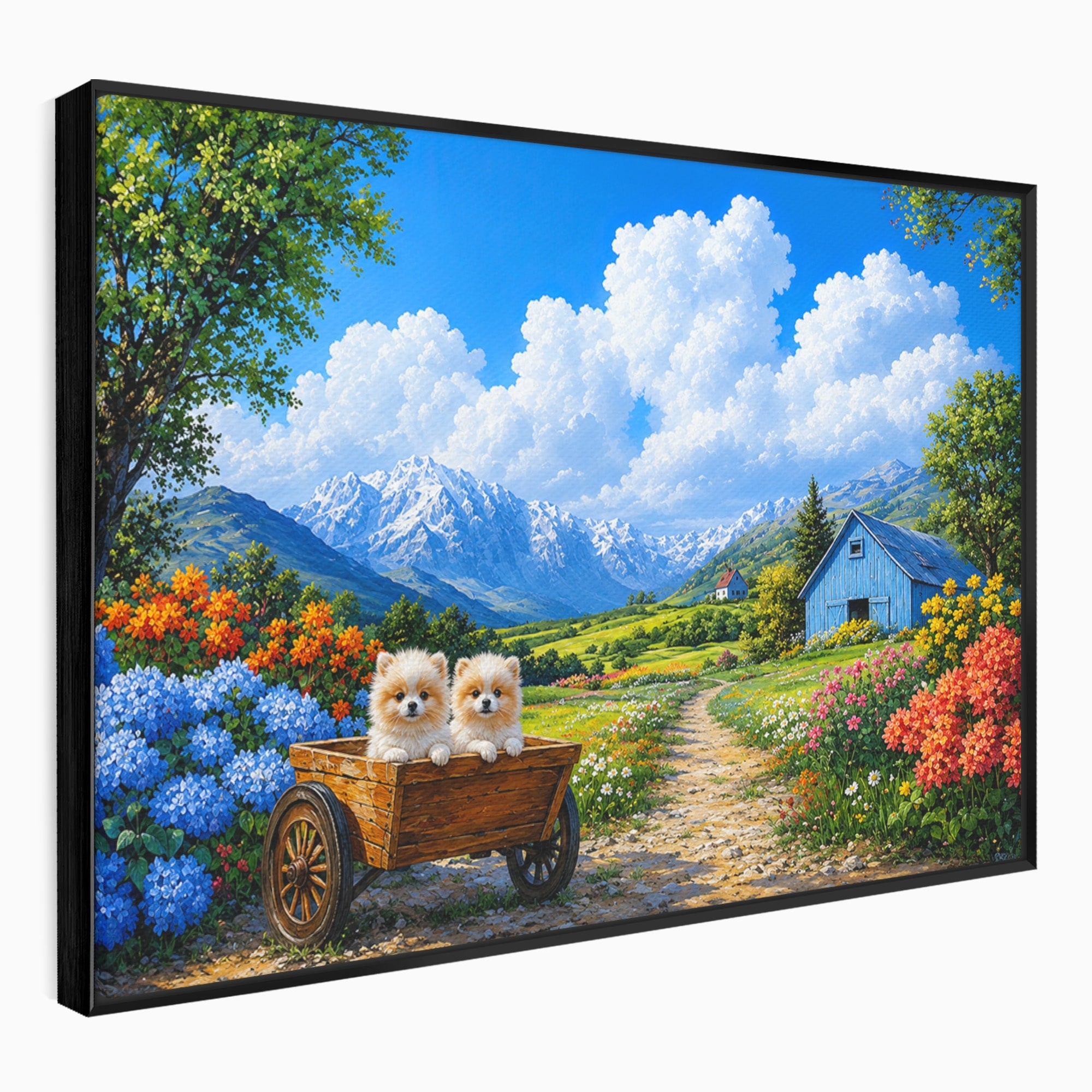 Tablou Canvas Premium LuxCanva® A1717, Pui De Catelusi In Rulota, Catelusi, Peisaj, Flori, Munti, Gradina, Living, Culori Vibrante