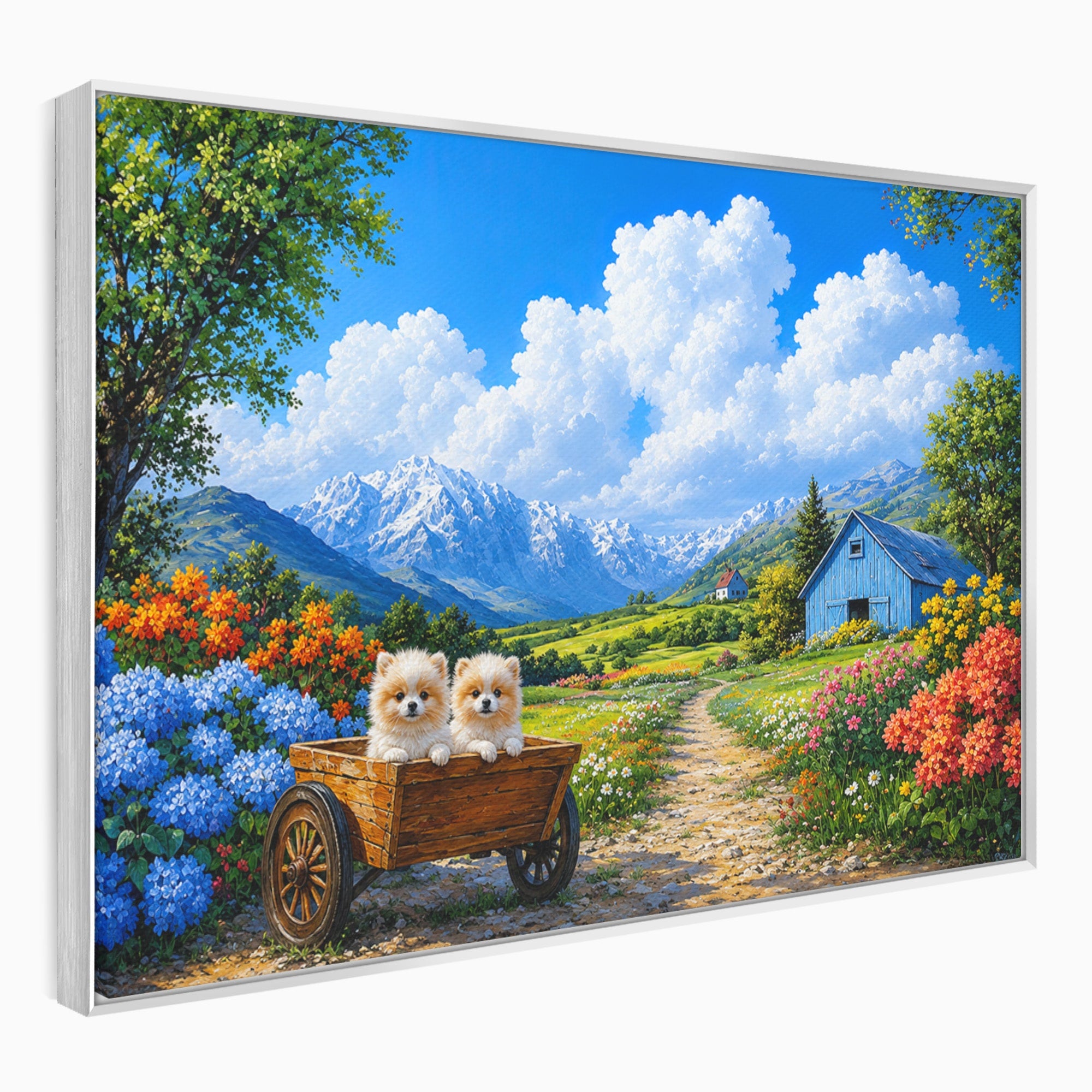Tablou Canvas Premium LuxCanva® A1717, Pui De Catelusi In Rulota, Catelusi, Peisaj, Flori, Munti, Gradina, Living, Culori Vibrante