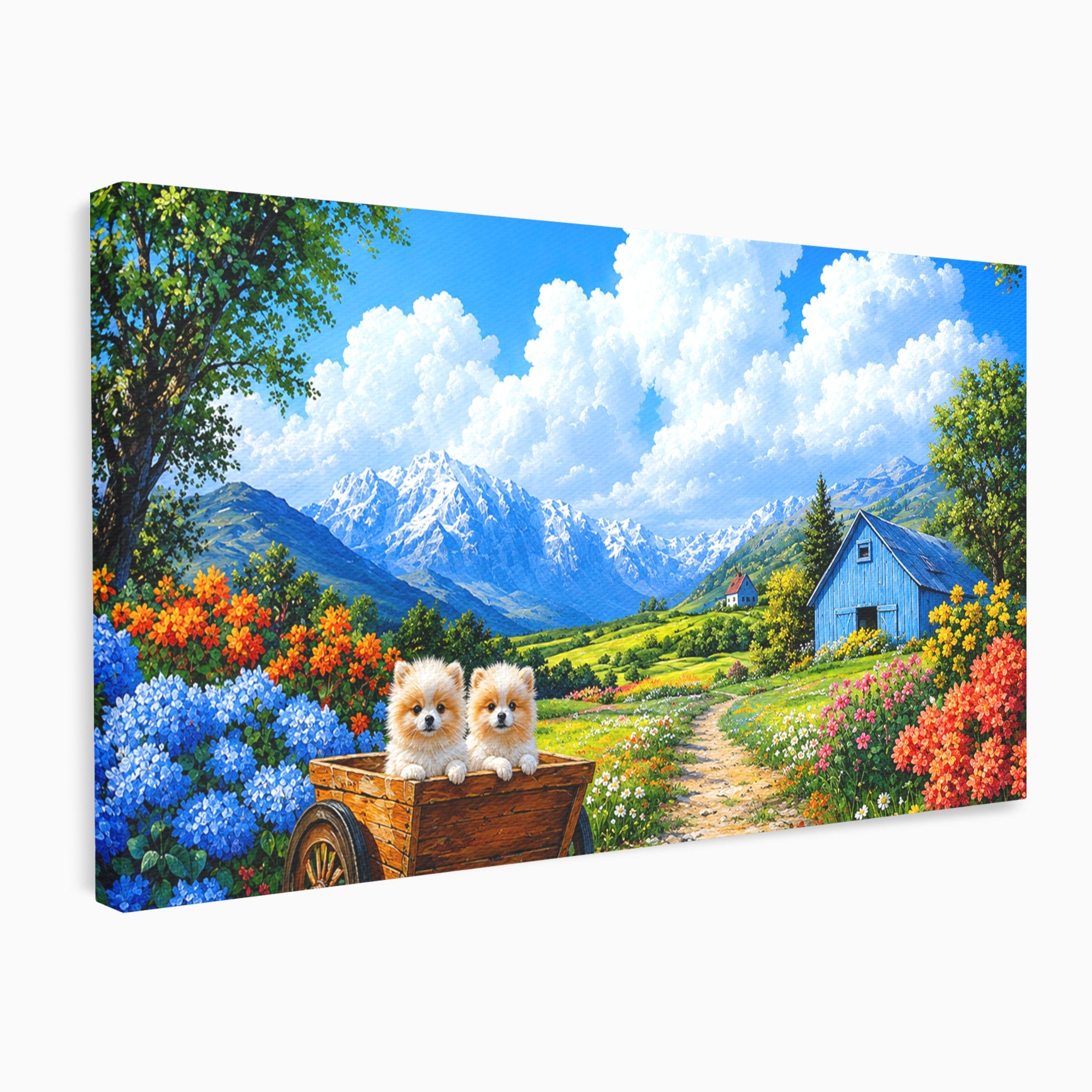 Tablou Canvas Premium LuxCanva® A1717, Pui De Catelusi In Rulota, Catelusi, Peisaj, Flori, Munti, Gradina, Living, Culori Vibrante