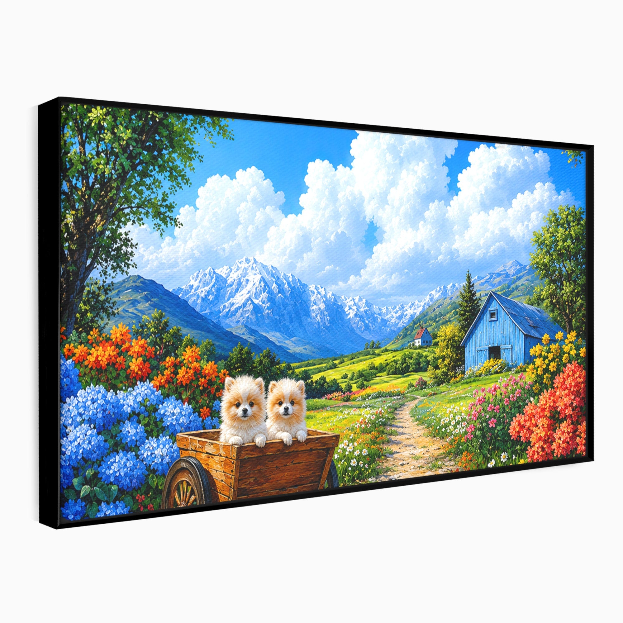 Tablou Canvas Premium LuxCanva® A1717, Pui De Catelusi In Rulota, Catelusi, Peisaj, Flori, Munti, Gradina, Living, Culori Vibrante