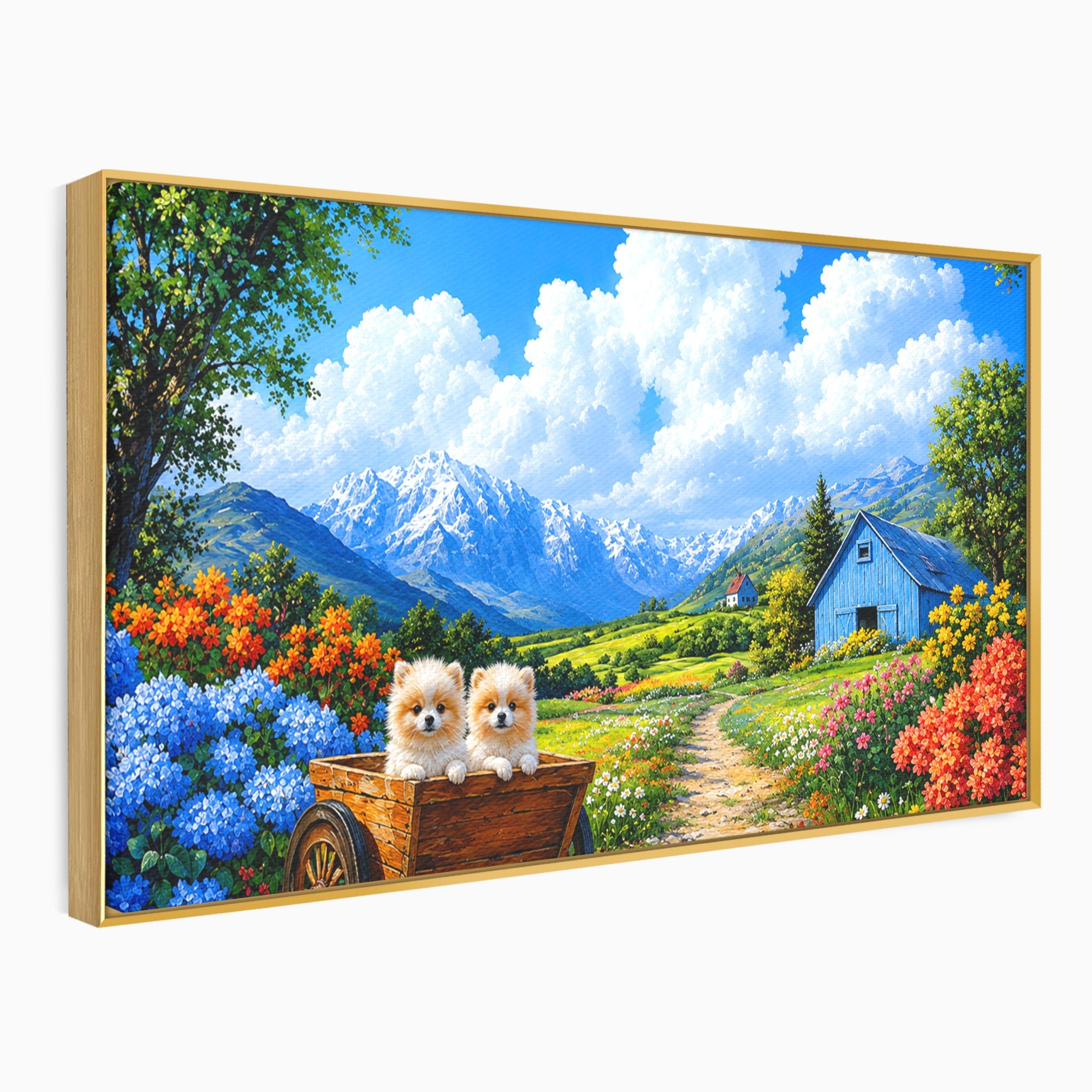 Tablou Canvas Premium LuxCanva® A1717, Pui De Catelusi In Rulota, Catelusi, Peisaj, Flori, Munti, Gradina, Living, Culori Vibrante