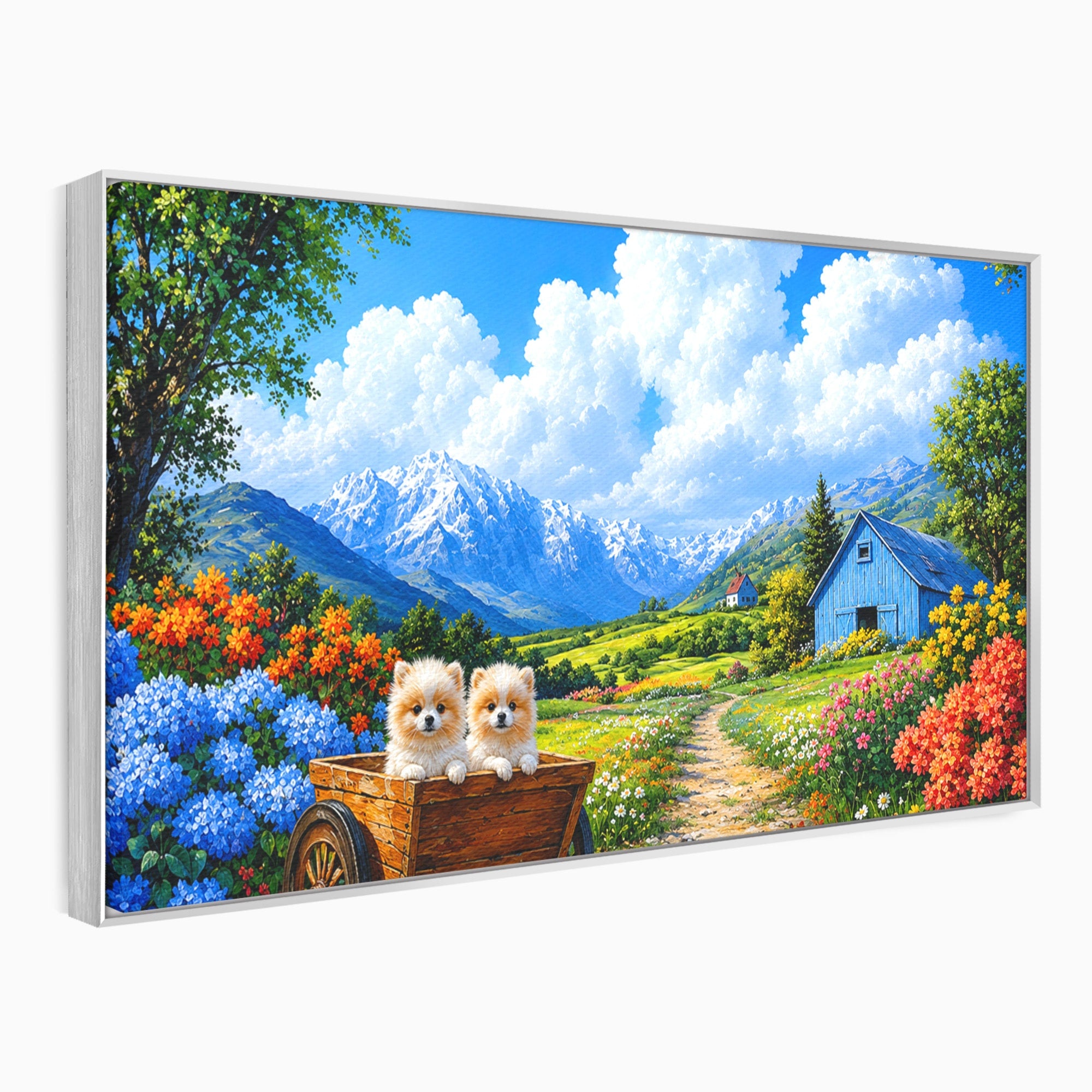 Tablou Canvas Premium LuxCanva® A1717, Pui De Catelusi In Rulota, Catelusi, Peisaj, Flori, Munti, Gradina, Living, Culori Vibrante