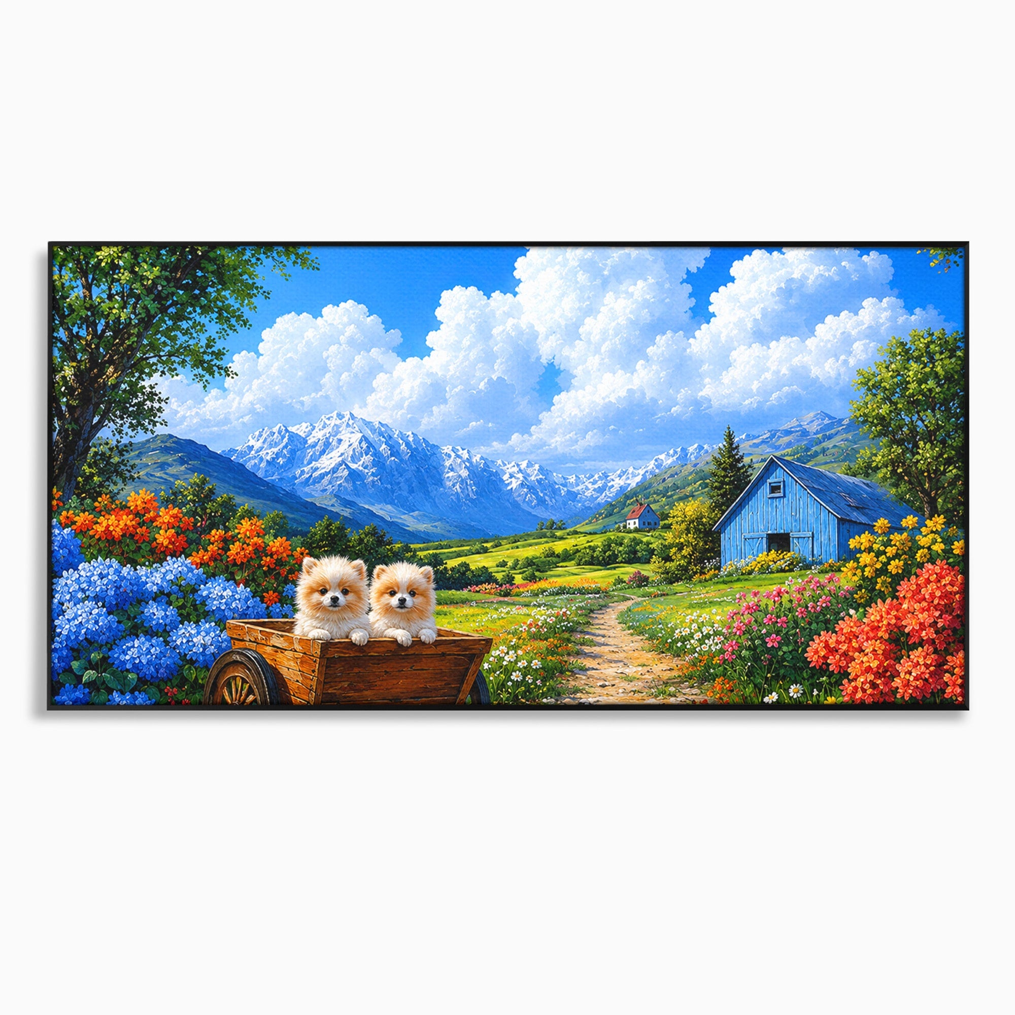 Tablou Canvas Premium LuxCanva® A1717, Pui De Catelusi In Rulota, Catelusi, Peisaj, Flori, Munti, Gradina, Living, Culori Vibrante