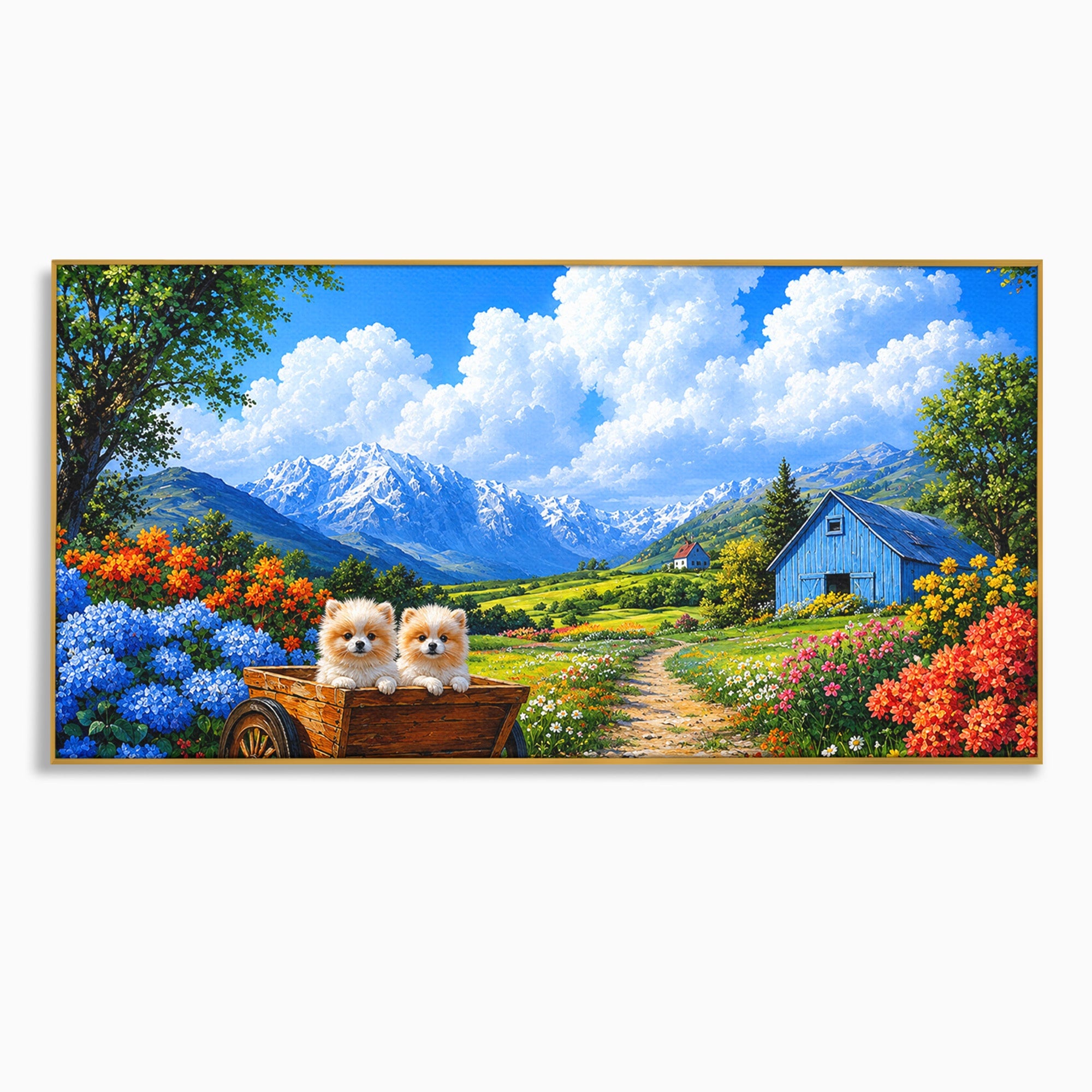 Tablou Canvas Premium LuxCanva® A1717, Pui De Catelusi In Rulota, Catelusi, Peisaj, Flori, Munti, Gradina, Living, Culori Vibrante