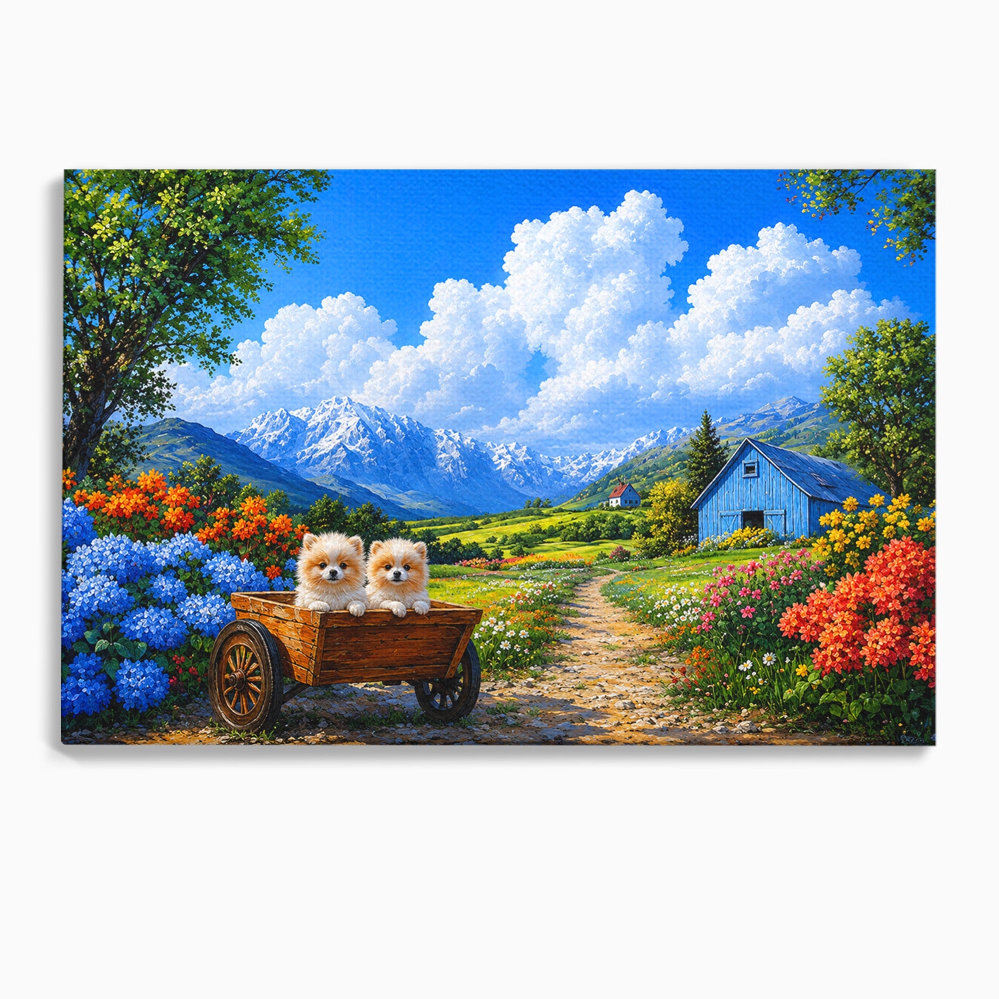 Tablou Canvas Premium LuxCanva® A1717, Pui De Catelusi In Rulota, Catelusi, Peisaj, Flori, Munti, Gradina, Living, Culori Vibrante