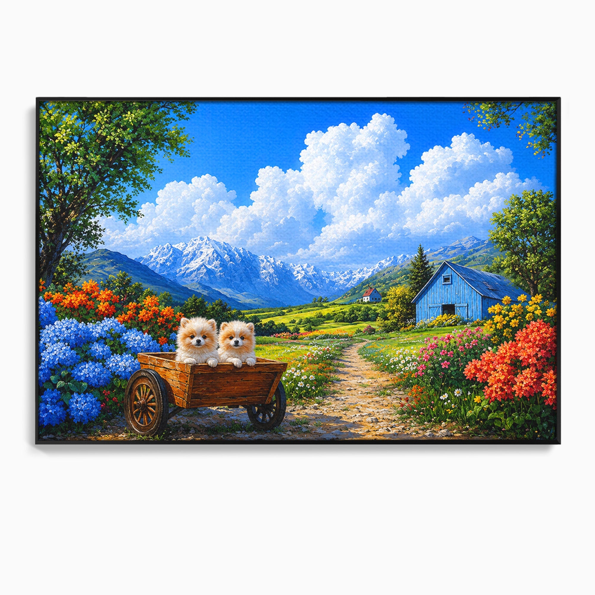 Tablou Canvas Premium LuxCanva® A1717, Pui De Catelusi In Rulota, Catelusi, Peisaj, Flori, Munti, Gradina, Living, Culori Vibrante