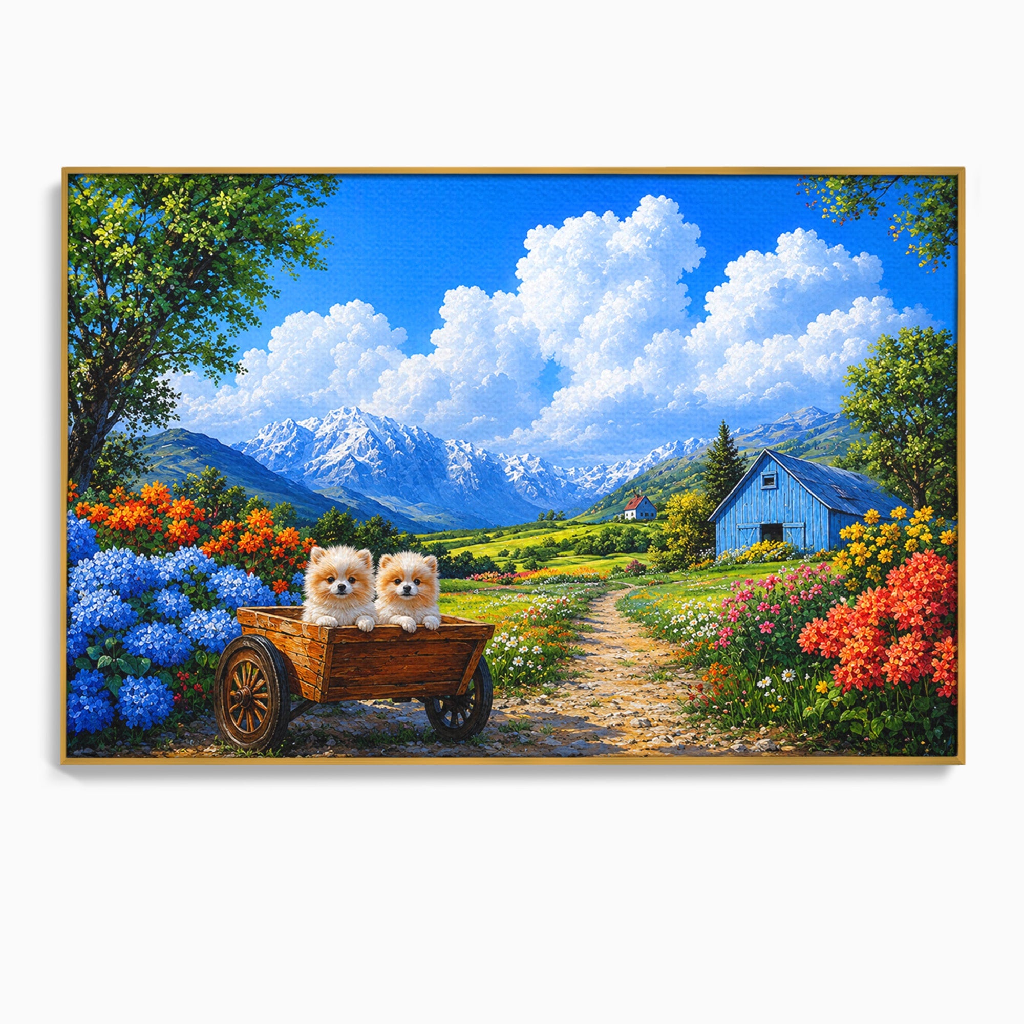 Tablou Canvas Premium LuxCanva® A1717, Pui De Catelusi In Rulota, Catelusi, Peisaj, Flori, Munti, Gradina, Living, Culori Vibrante