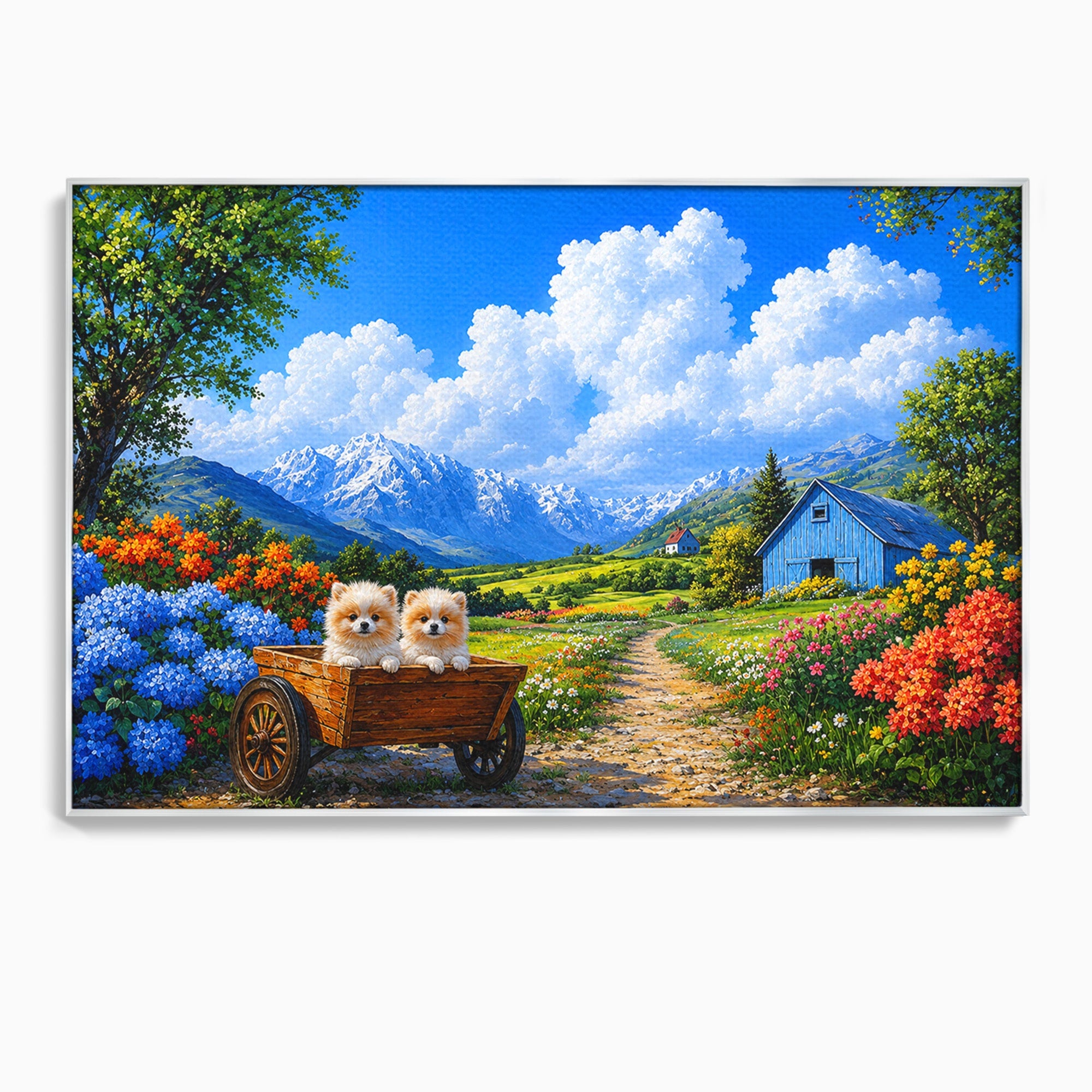 Tablou Canvas Premium LuxCanva® A1717, Pui De Catelusi In Rulota, Catelusi, Peisaj, Flori, Munti, Gradina, Living, Culori Vibrante