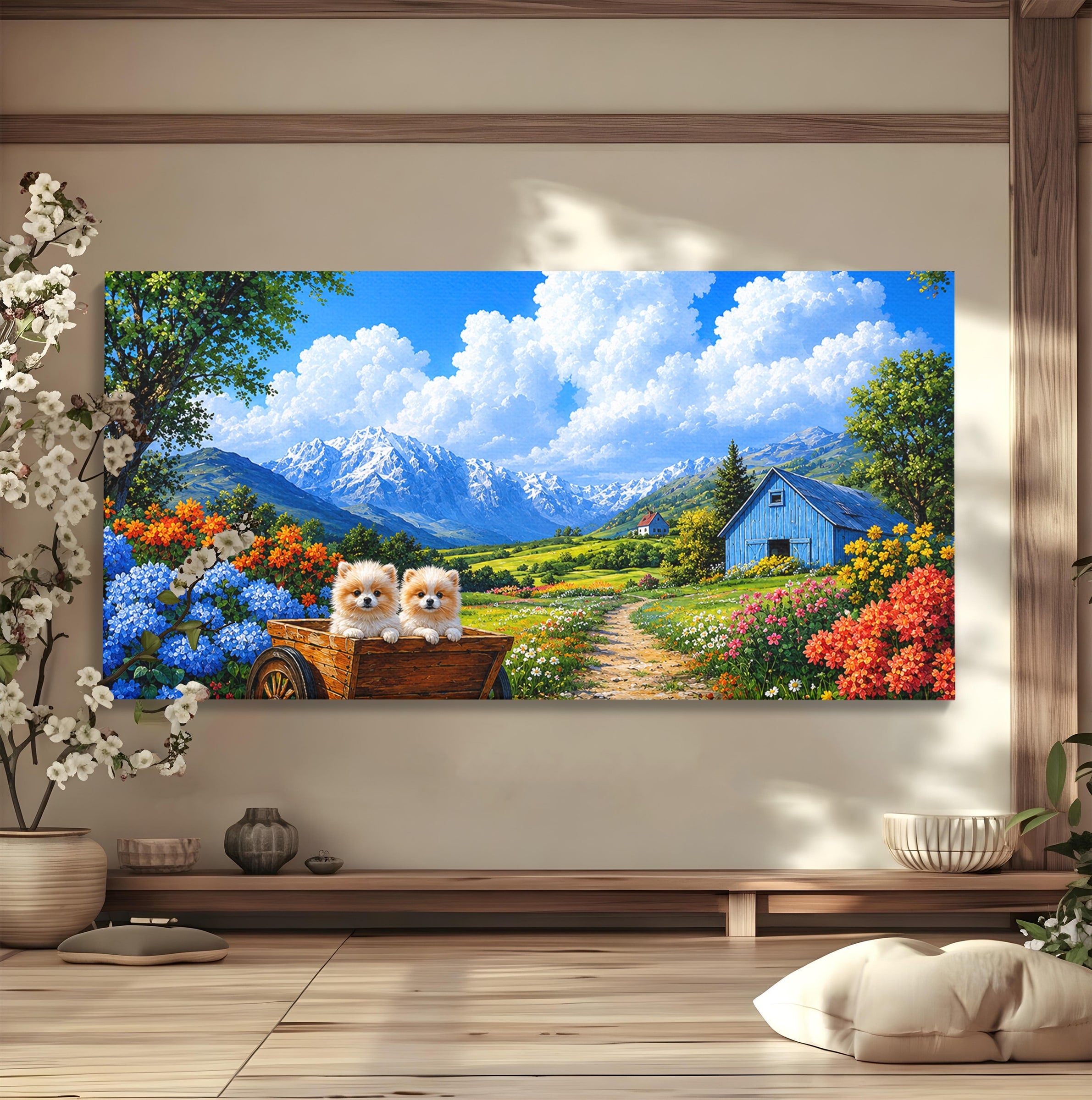 Tablou Canvas Premium LuxCanva® A1717, Pui De Catelusi In Rulota, Catelusi, Peisaj, Flori, Munti, Gradina, Living, Culori Vibrante