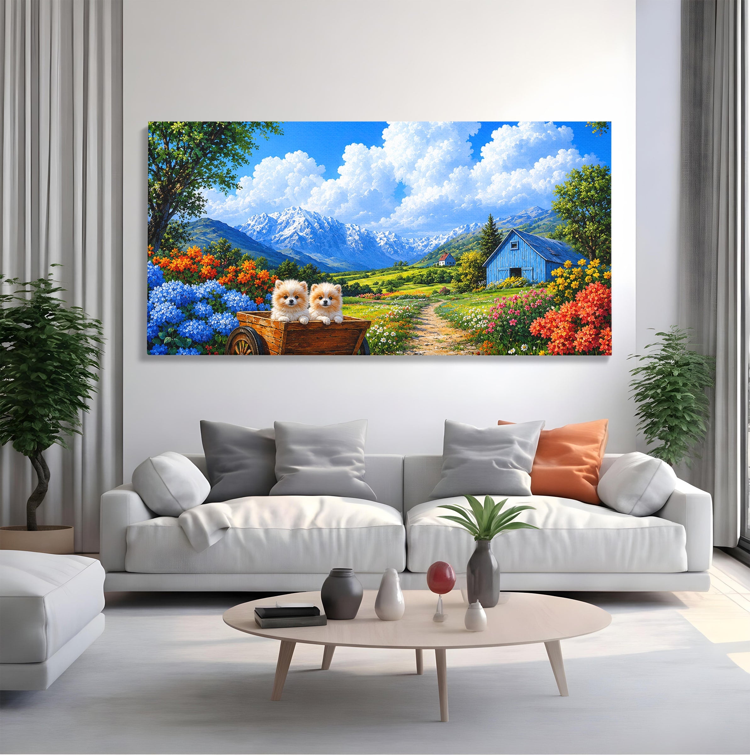 Tablou Canvas Premium LuxCanva® A1717, Pui De Catelusi In Rulota, Catelusi, Peisaj, Flori, Munti, Gradina, Living, Culori Vibrante