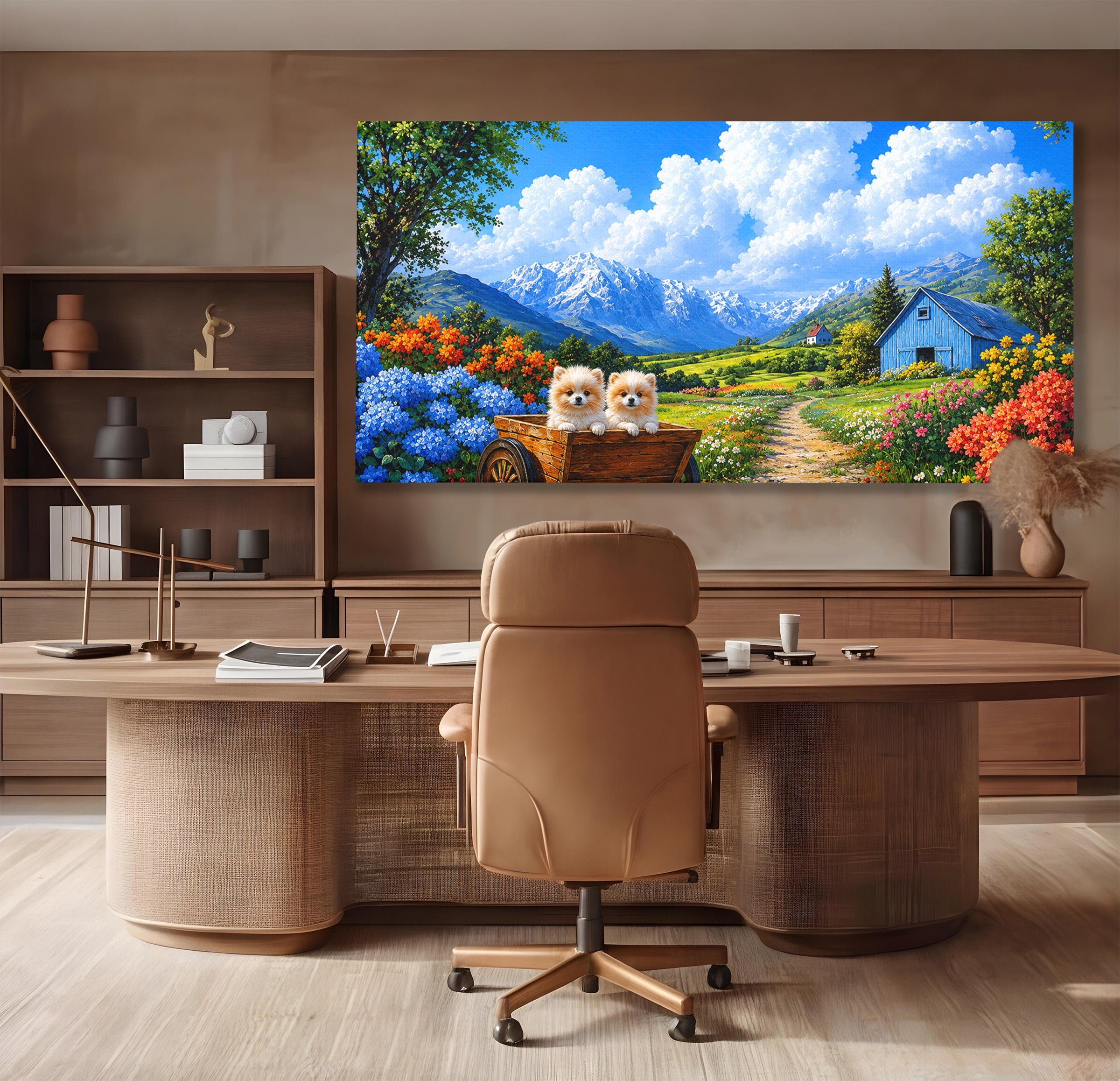 Tablou Canvas Premium LuxCanva® A1717, Pui De Catelusi In Rulota, Catelusi, Peisaj, Flori, Munti, Gradina, Living, Culori Vibrante