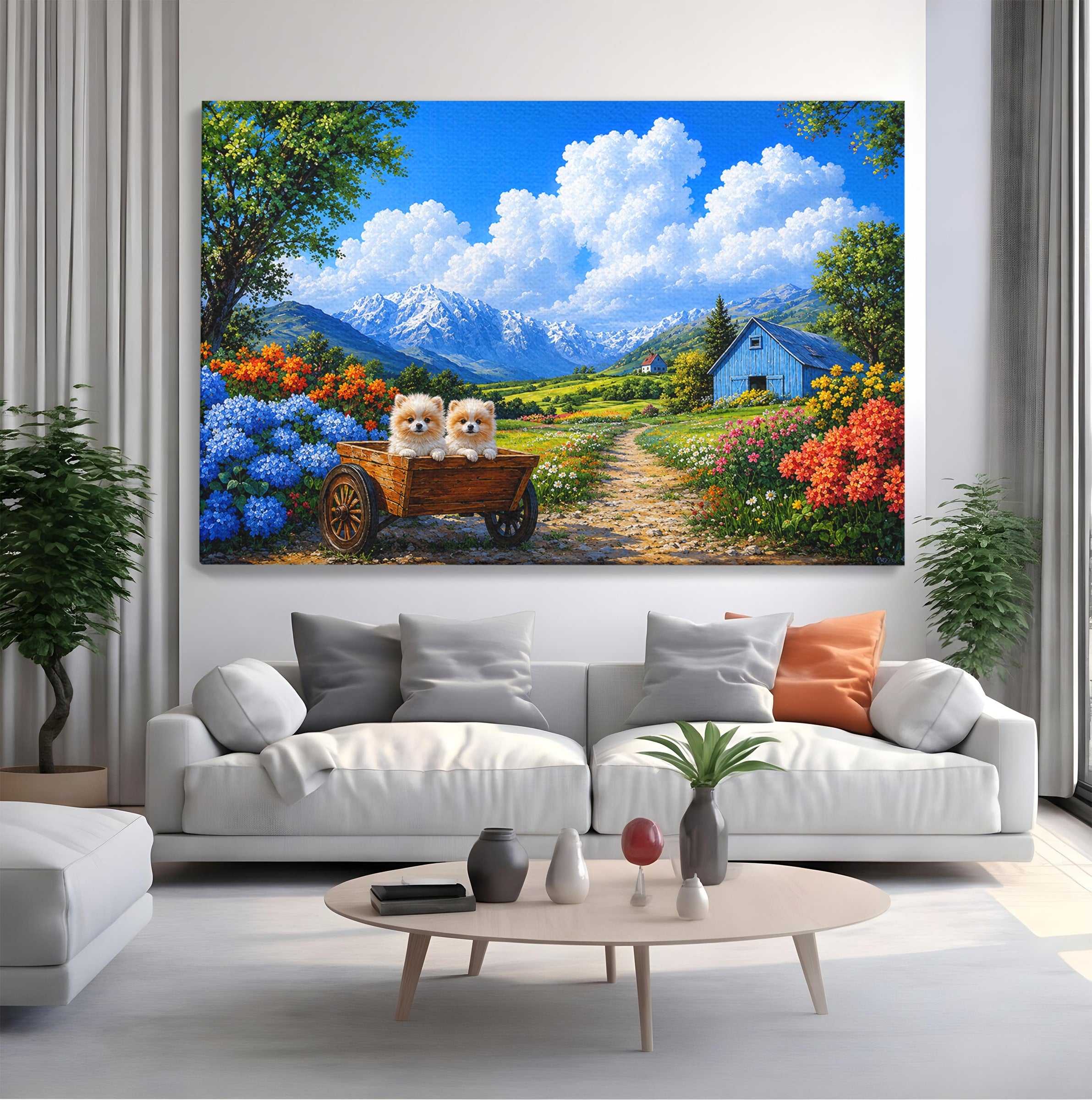 Tablou Canvas Premium LuxCanva® A1717, Pui De Catelusi In Rulota, Catelusi, Peisaj, Flori, Munti, Gradina, Living, Culori Vibrante