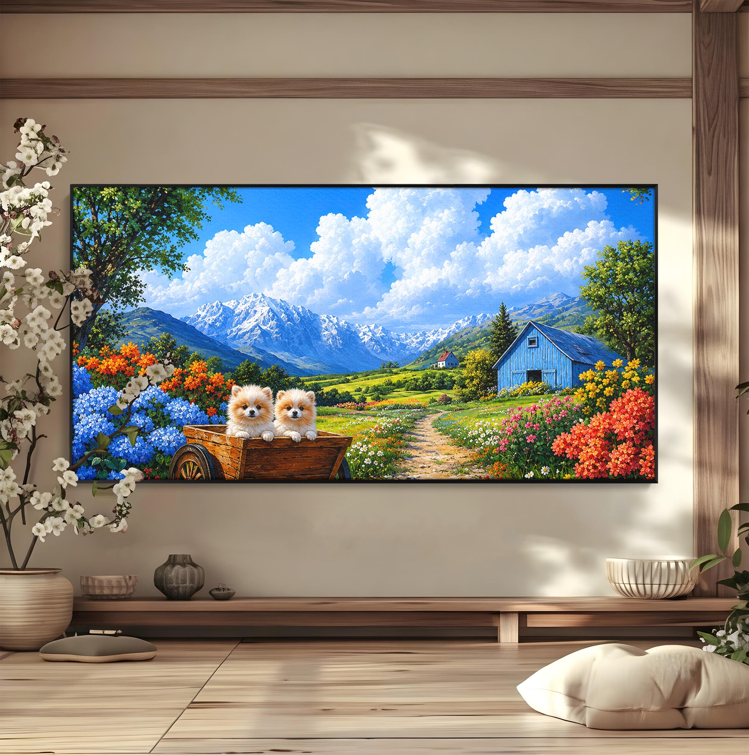 Tablou Canvas Premium LuxCanva® A1717, Pui De Catelusi In Rulota, Catelusi, Peisaj, Flori, Munti, Gradina, Living, Culori Vibrante