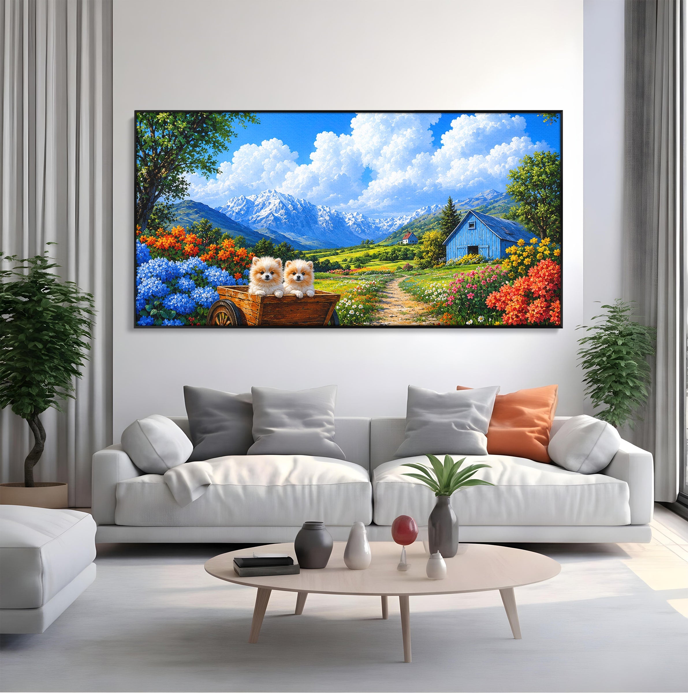 Tablou Canvas Premium LuxCanva® A1717, Pui De Catelusi In Rulota, Catelusi, Peisaj, Flori, Munti, Gradina, Living, Culori Vibrante