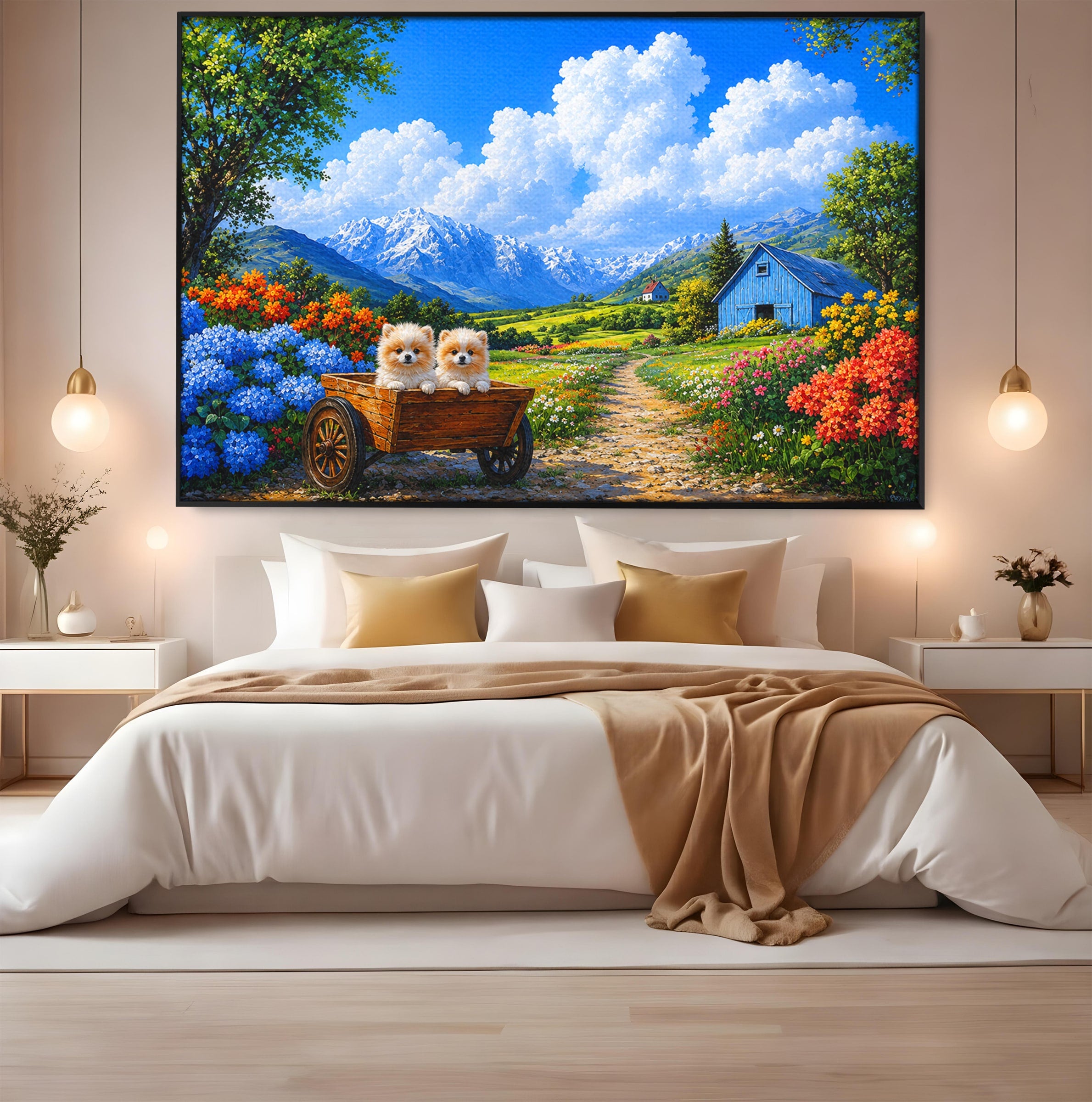 Tablou Canvas Premium LuxCanva® A1717, Pui De Catelusi In Rulota, Catelusi, Peisaj, Flori, Munti, Gradina, Living, Culori Vibrante