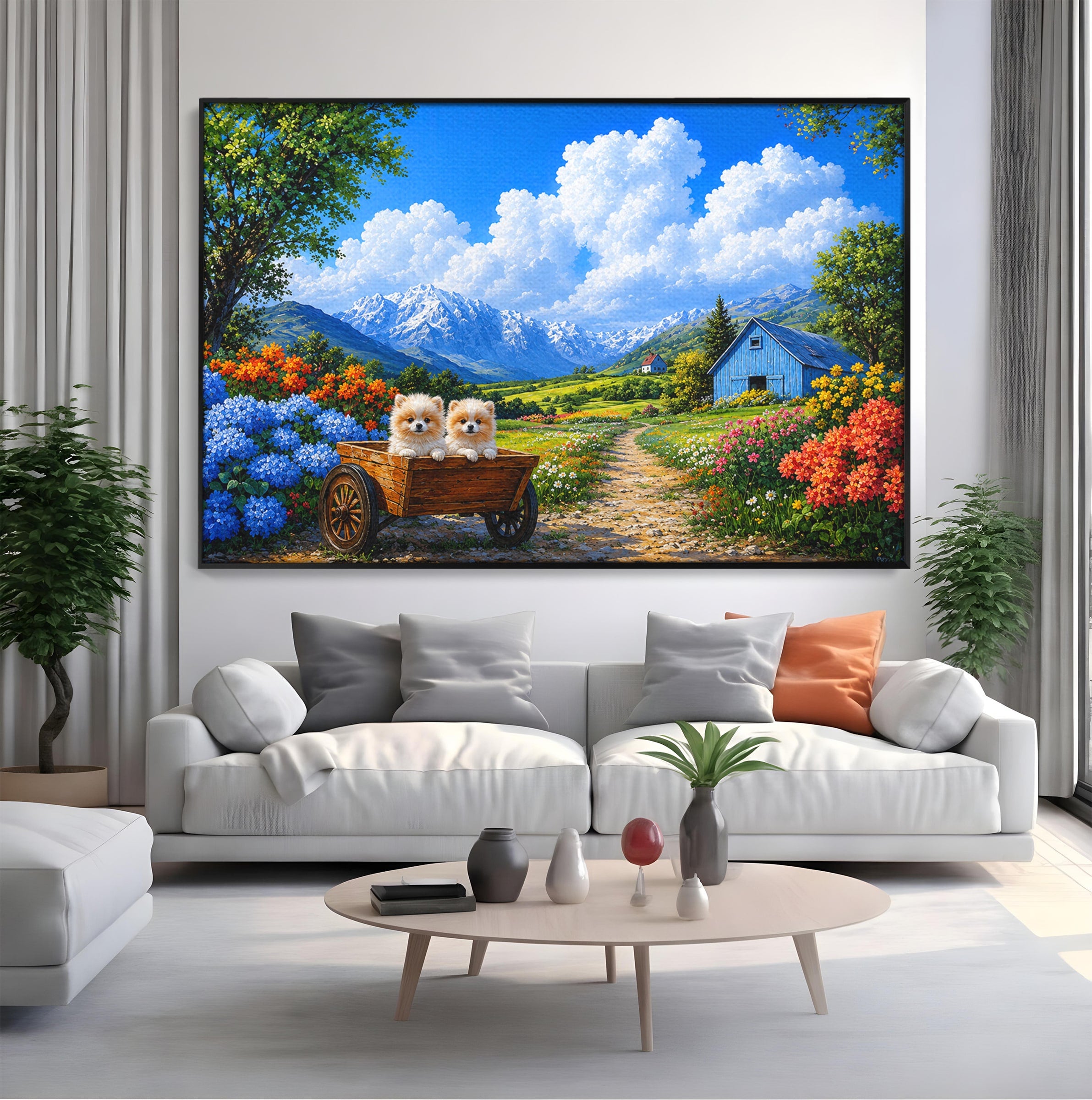 Tablou Canvas Premium LuxCanva® A1717, Pui De Catelusi In Rulota, Catelusi, Peisaj, Flori, Munti, Gradina, Living, Culori Vibrante