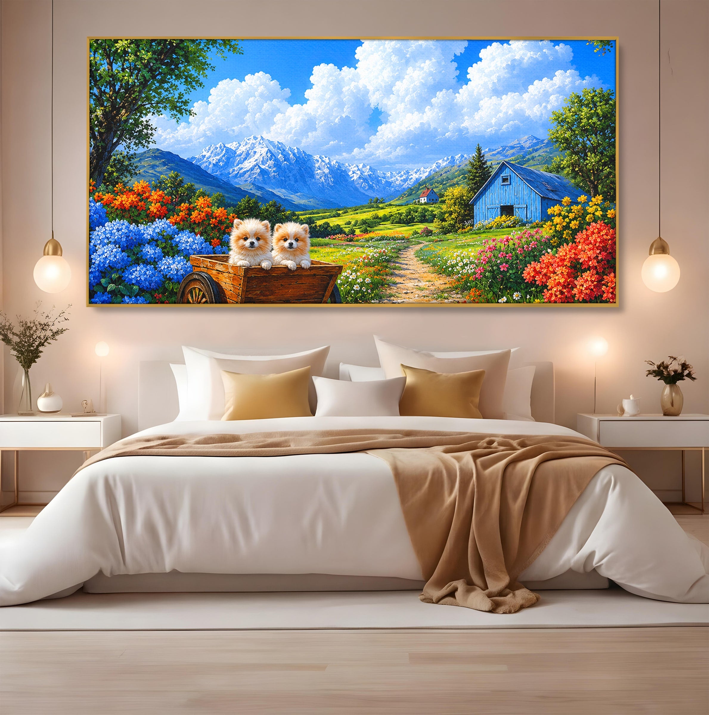 Tablou Canvas Premium LuxCanva® A1717, Pui De Catelusi In Rulota, Catelusi, Peisaj, Flori, Munti, Gradina, Living, Culori Vibrante