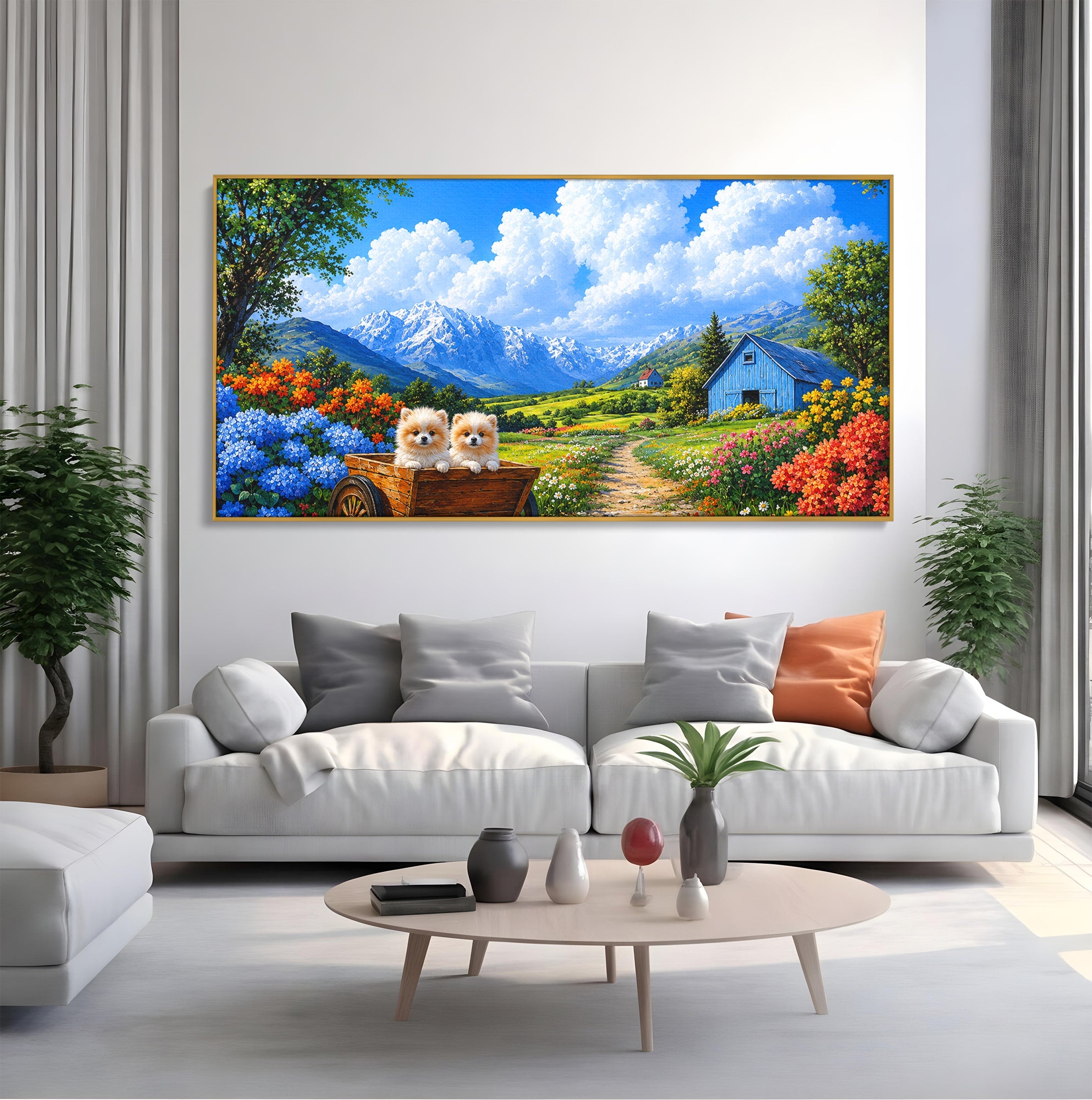 Tablou Canvas Premium LuxCanva® A1717, Pui De Catelusi In Rulota, Catelusi, Peisaj, Flori, Munti, Gradina, Living, Culori Vibrante
