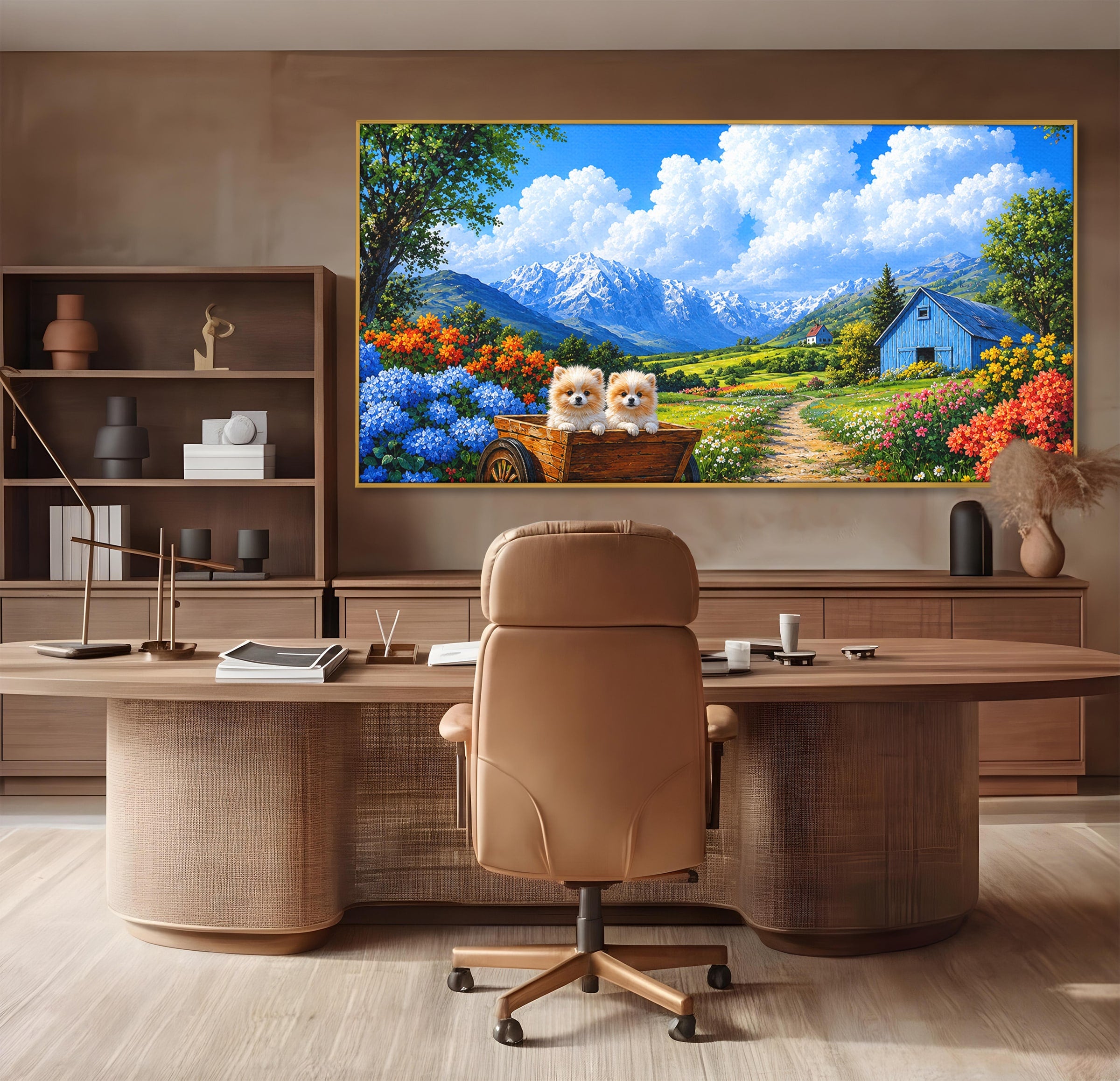 Tablou Canvas Premium LuxCanva® A1717, Pui De Catelusi In Rulota, Catelusi, Peisaj, Flori, Munti, Gradina, Living, Culori Vibrante