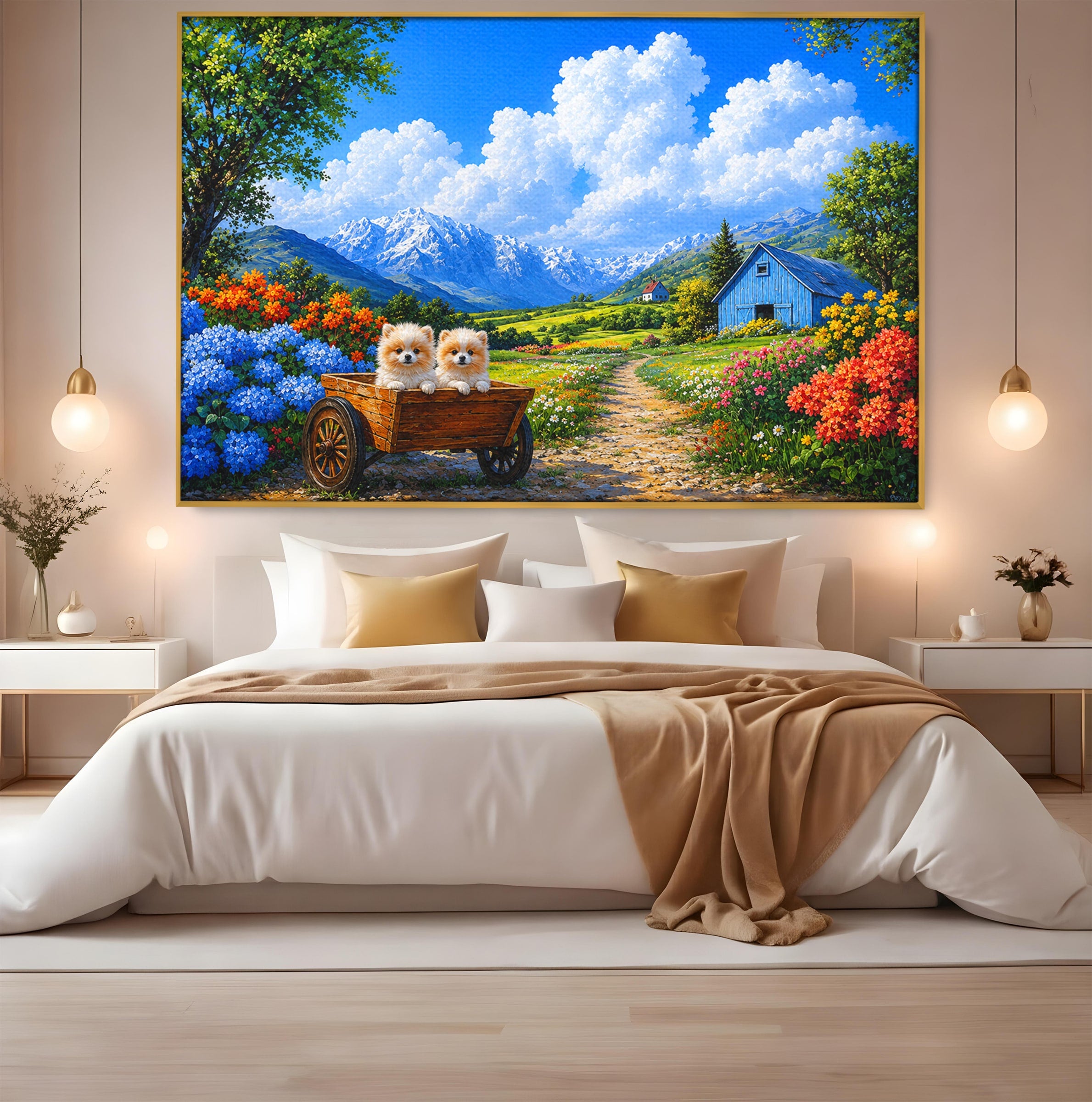 Tablou Canvas Premium LuxCanva® A1717, Pui De Catelusi In Rulota, Catelusi, Peisaj, Flori, Munti, Gradina, Living, Culori Vibrante