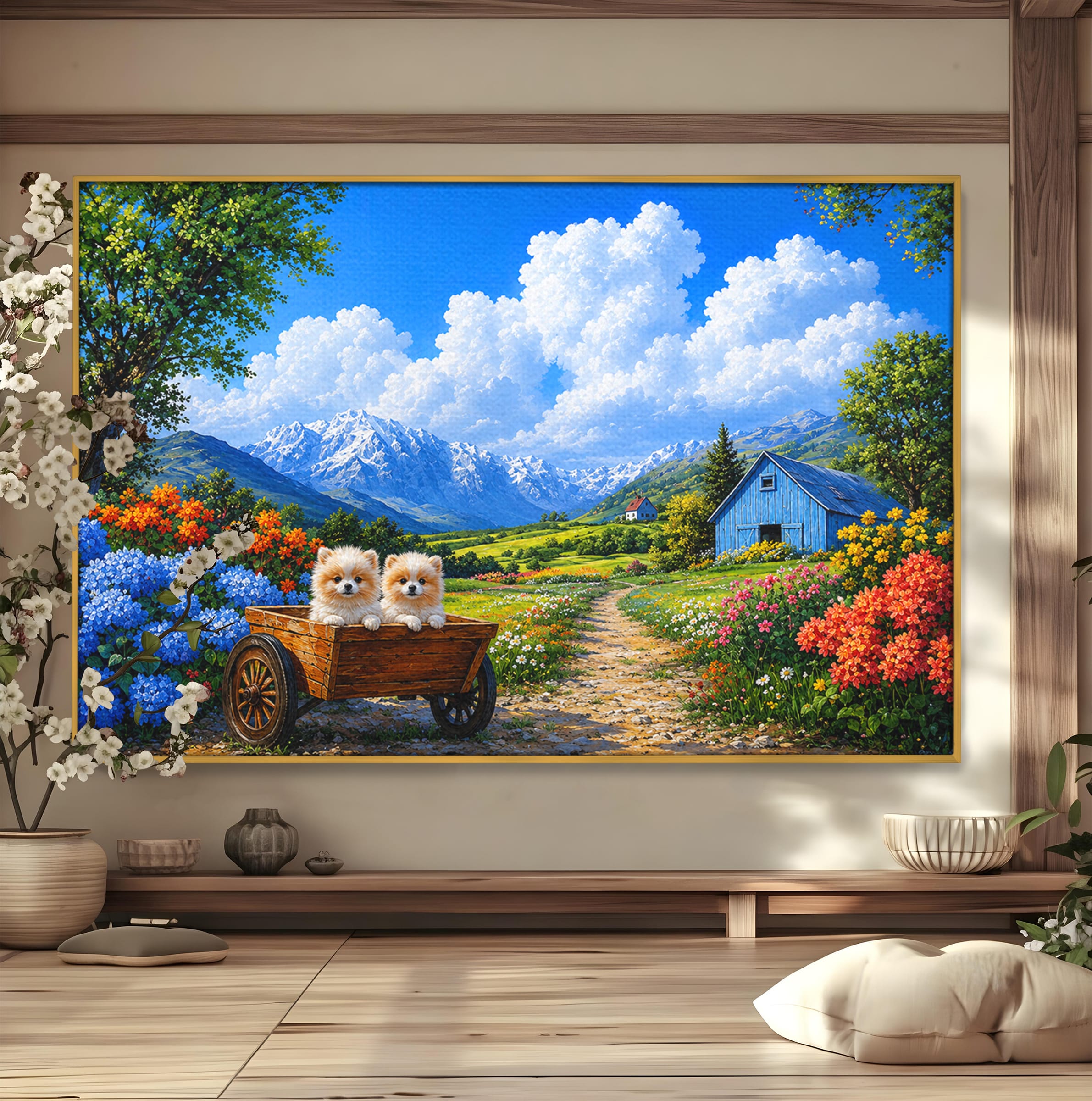 Tablou Canvas Premium LuxCanva® A1717, Pui De Catelusi In Rulota, Catelusi, Peisaj, Flori, Munti, Gradina, Living, Culori Vibrante