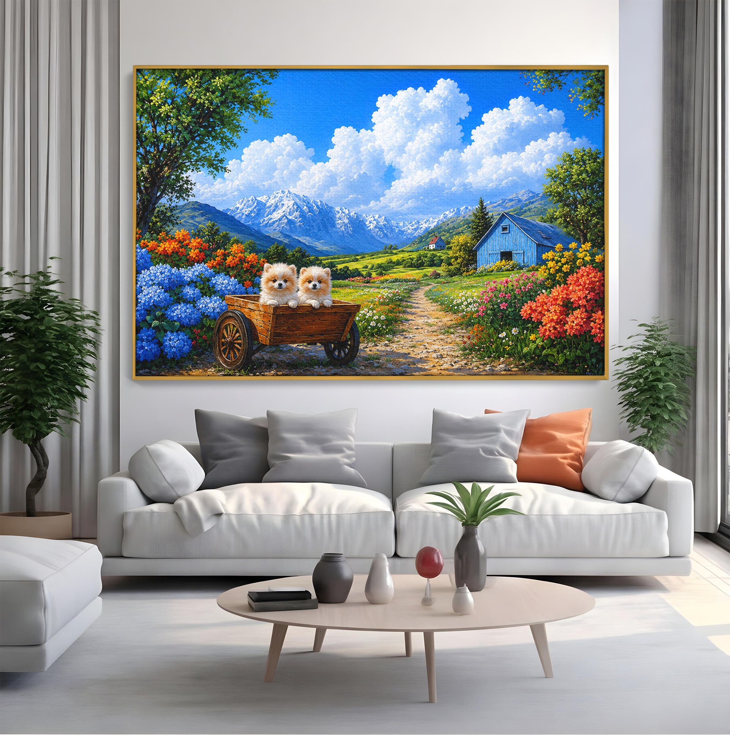 Tablou Canvas Premium LuxCanva® A1717, Pui De Catelusi In Rulota, Catelusi, Peisaj, Flori, Munti, Gradina, Living, Culori Vibrante