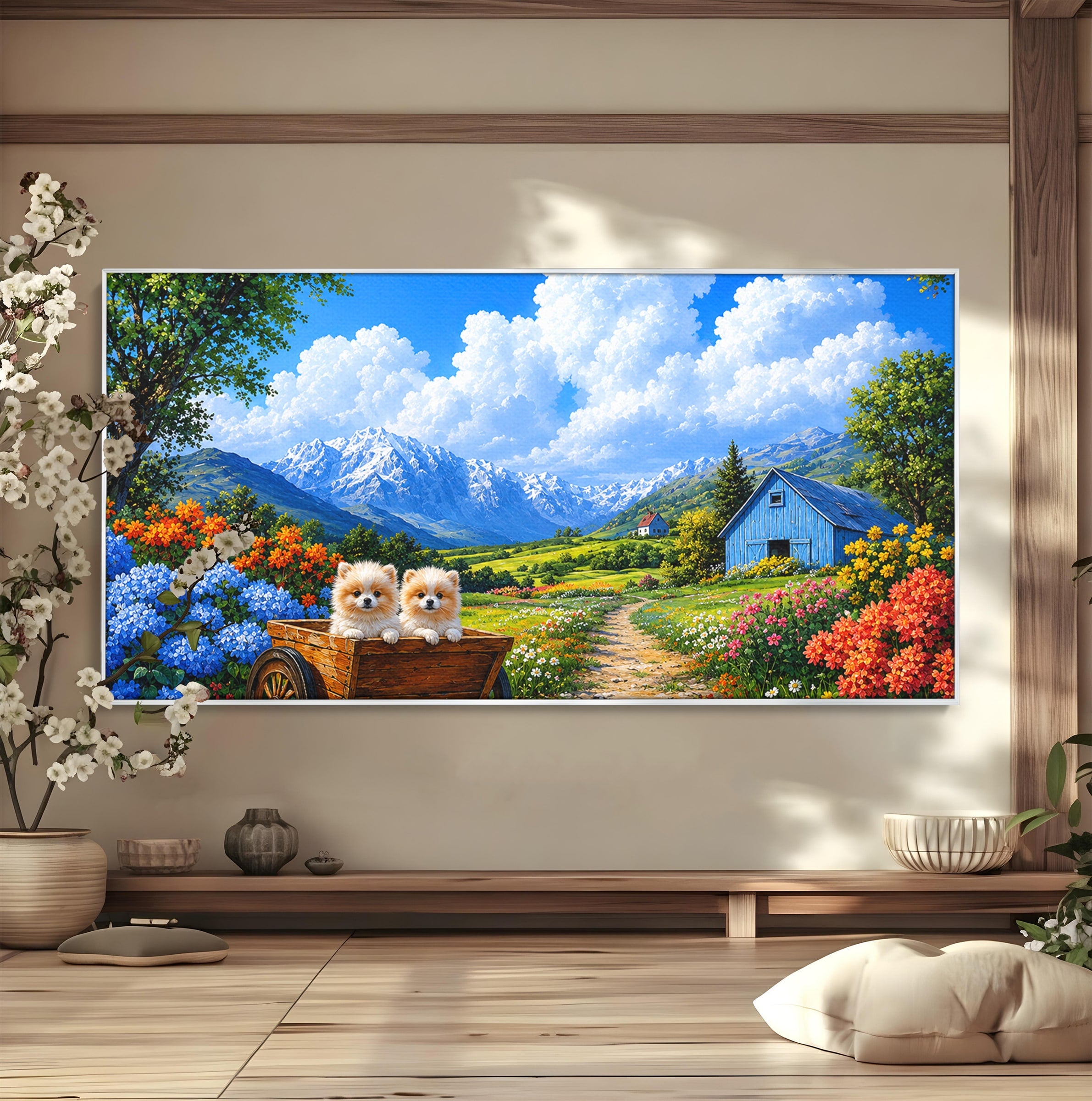 Tablou Canvas Premium LuxCanva® A1717, Pui De Catelusi In Rulota, Catelusi, Peisaj, Flori, Munti, Gradina, Living, Culori Vibrante