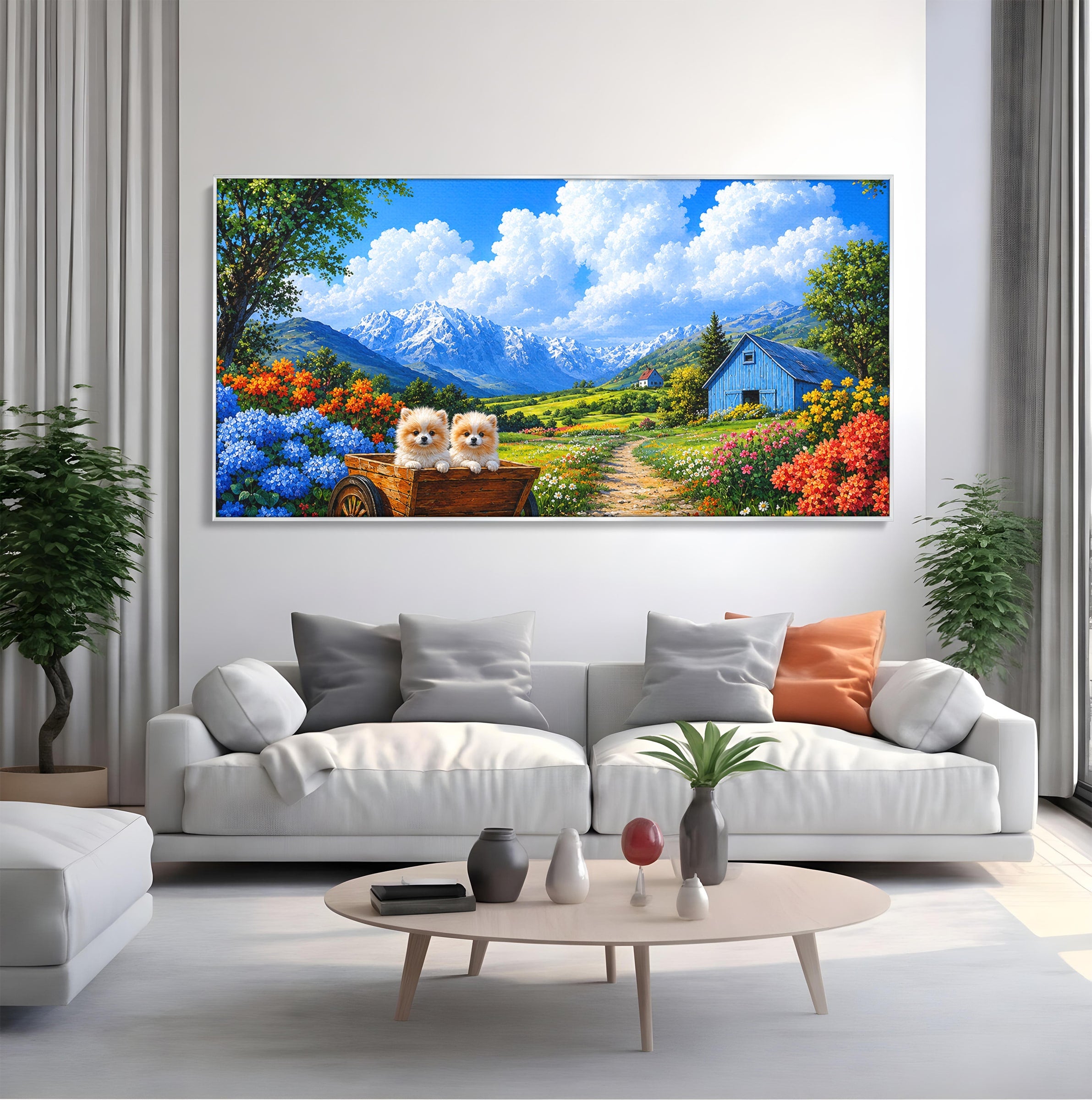 Tablou Canvas Premium LuxCanva® A1717, Pui De Catelusi In Rulota, Catelusi, Peisaj, Flori, Munti, Gradina, Living, Culori Vibrante