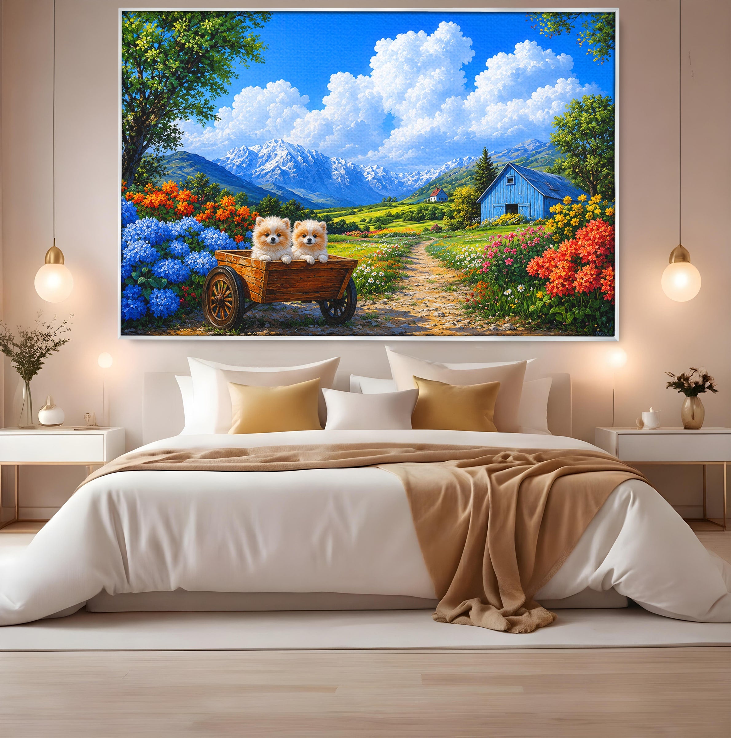 Tablou Canvas Premium LuxCanva® A1717, Pui De Catelusi In Rulota, Catelusi, Peisaj, Flori, Munti, Gradina, Living, Culori Vibrante
