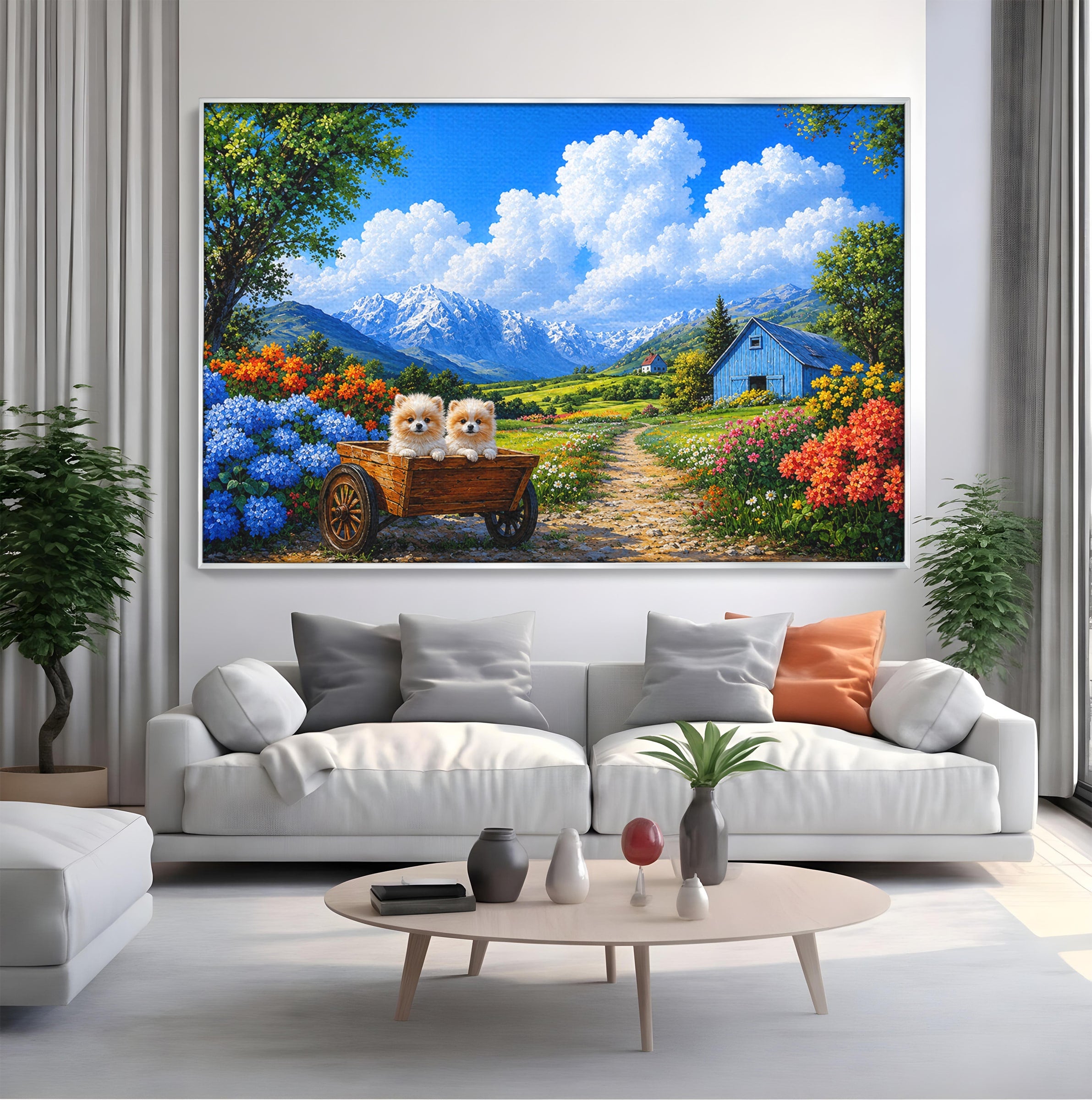 Tablou Canvas Premium LuxCanva® A1717, Pui De Catelusi In Rulota, Catelusi, Peisaj, Flori, Munti, Gradina, Living, Culori Vibrante