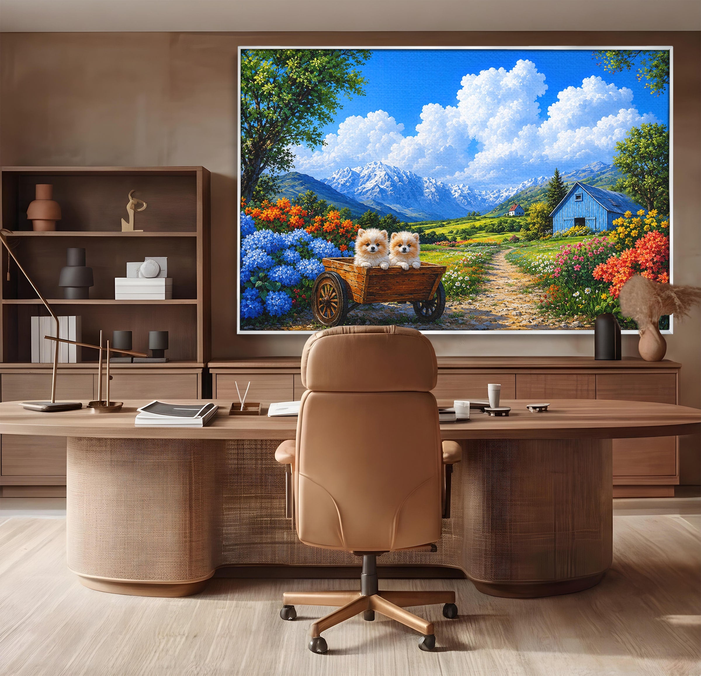 Tablou Canvas Premium LuxCanva® A1717, Pui De Catelusi In Rulota, Catelusi, Peisaj, Flori, Munti, Gradina, Living, Culori Vibrante