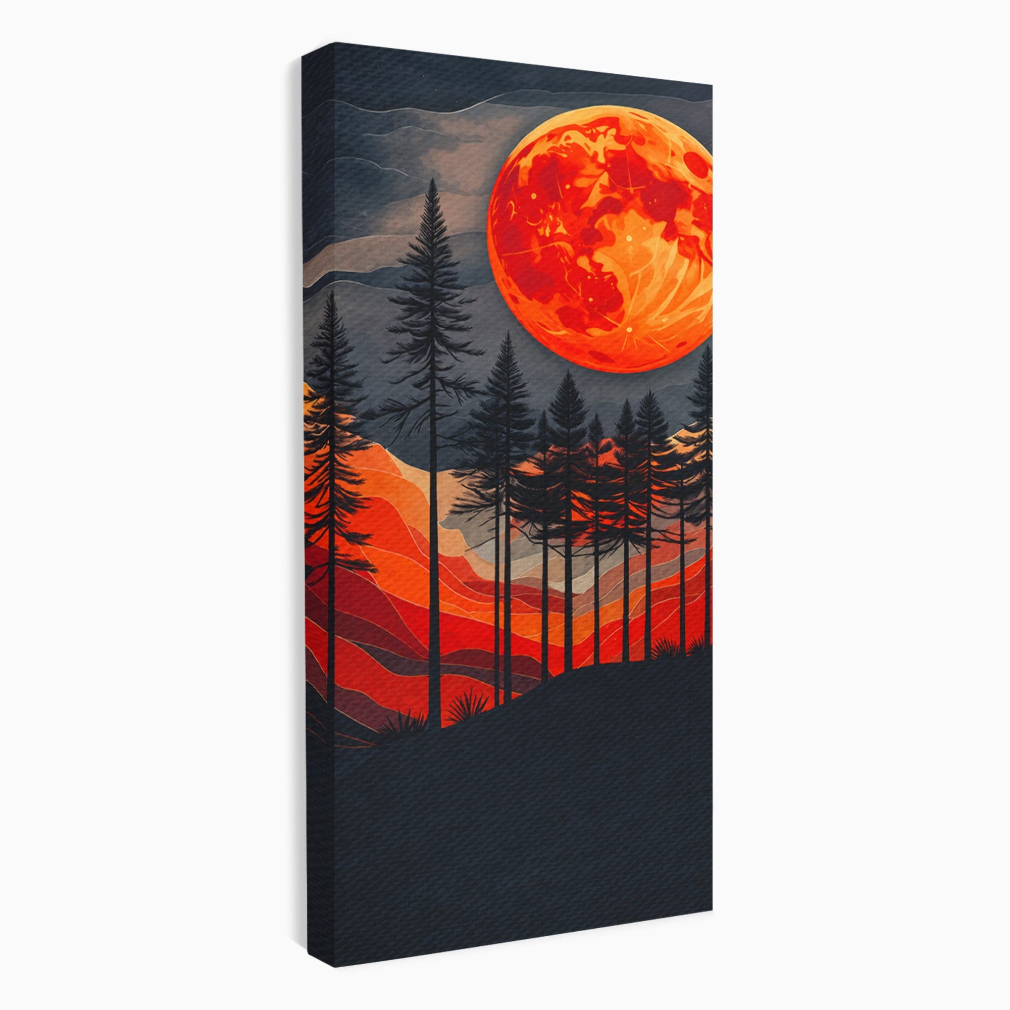 Tablou Canvas Premium LuxCanva® A1718, Luna Rosie Peste Padure, Luna, Padure, Peisaj, Apus, Dormitor, Culori Vibrante