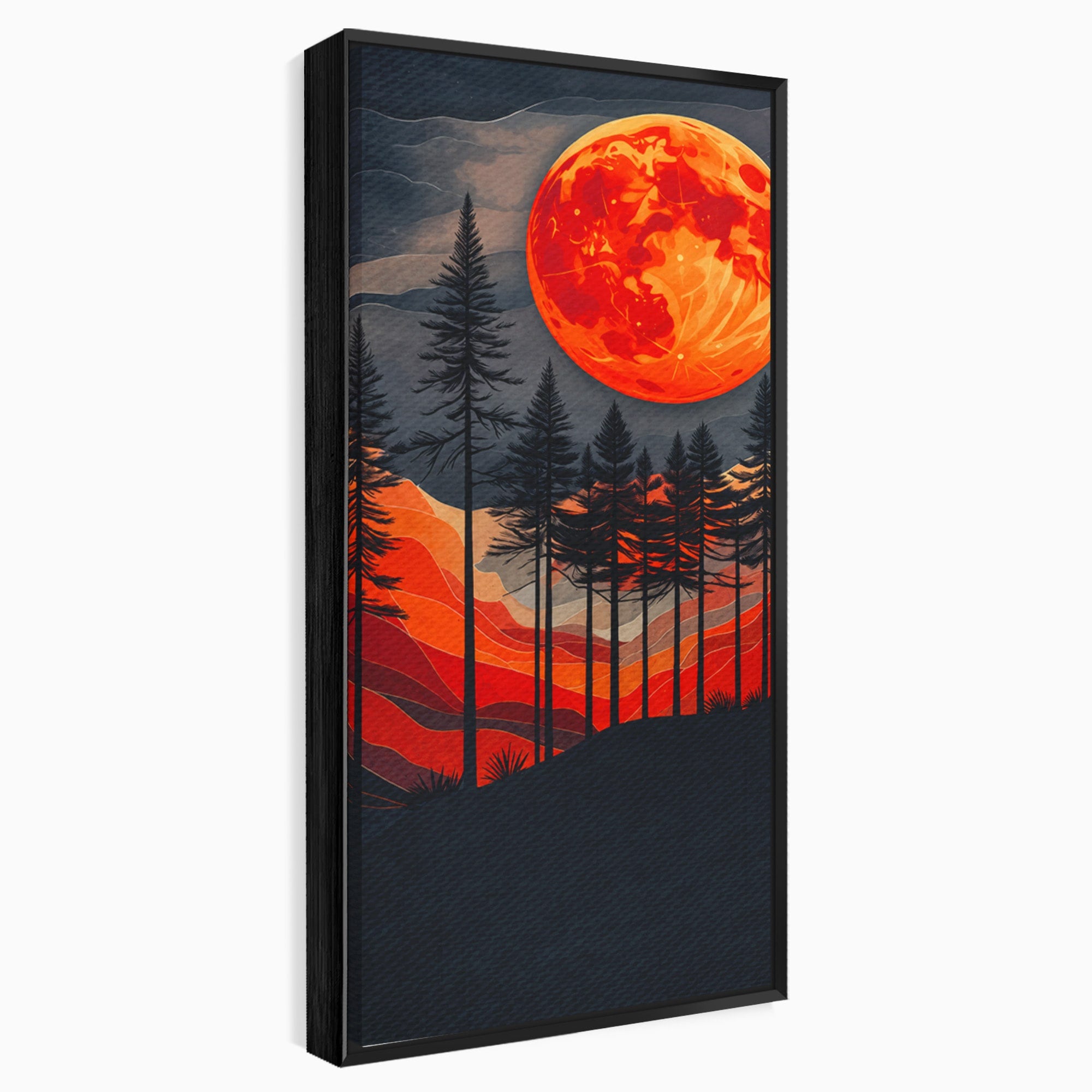 Tablou Canvas Premium LuxCanva® A1718, Luna Rosie Peste Padure, Luna, Padure, Peisaj, Apus, Dormitor, Culori Vibrante