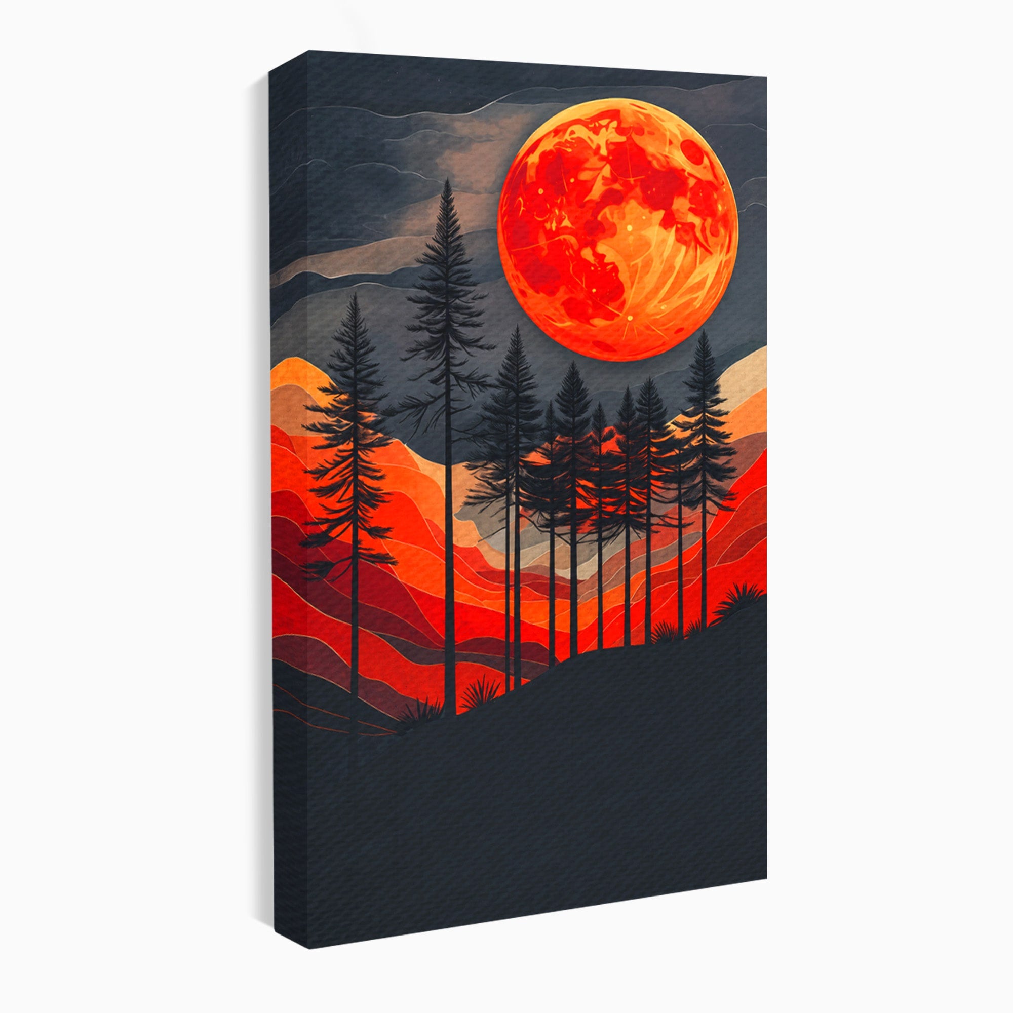 Tablou Canvas Premium LuxCanva® A1718, Luna Rosie Peste Padure, Luna, Padure, Peisaj, Apus, Dormitor, Culori Vibrante