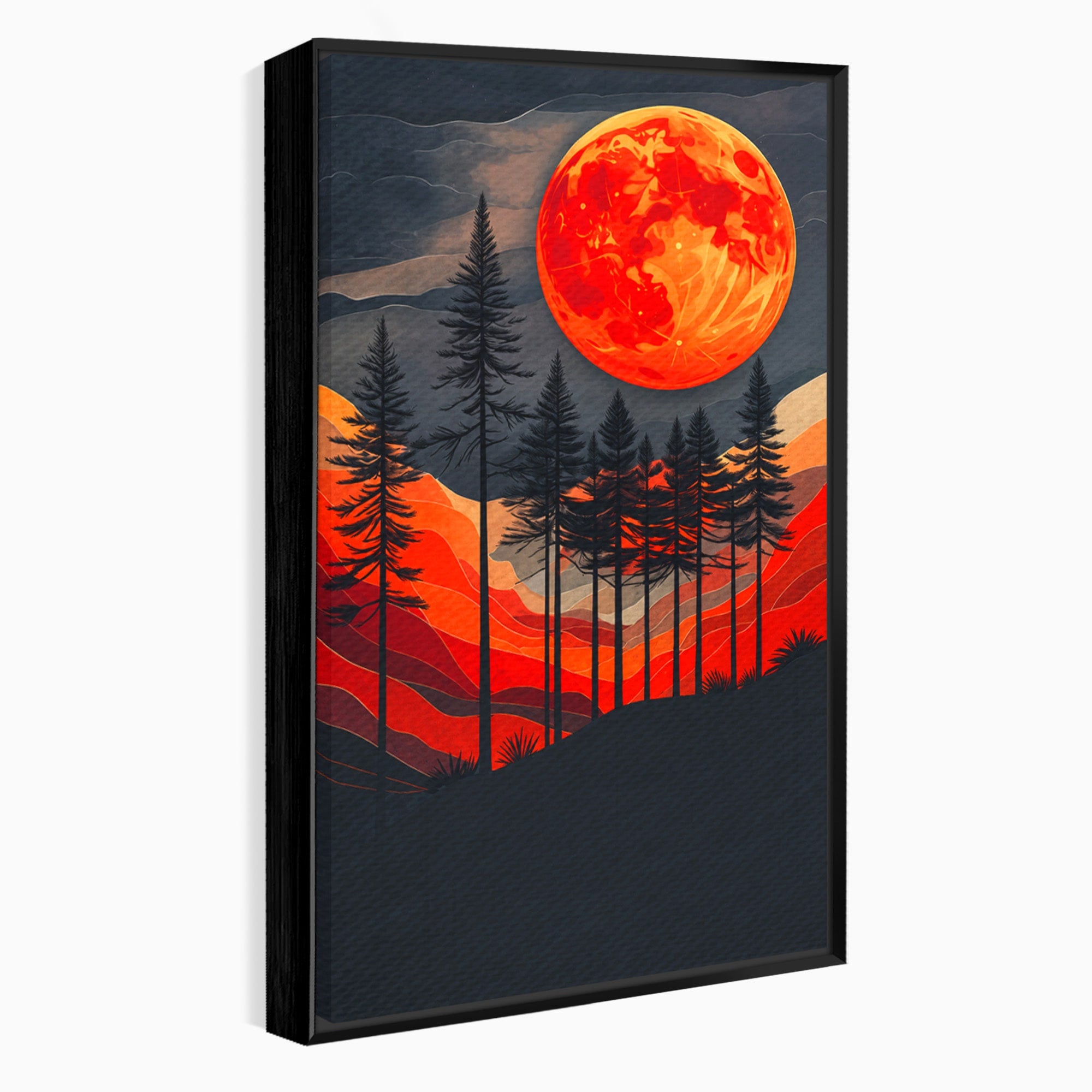 Tablou Canvas Premium LuxCanva® A1718, Luna Rosie Peste Padure, Luna, Padure, Peisaj, Apus, Dormitor, Culori Vibrante