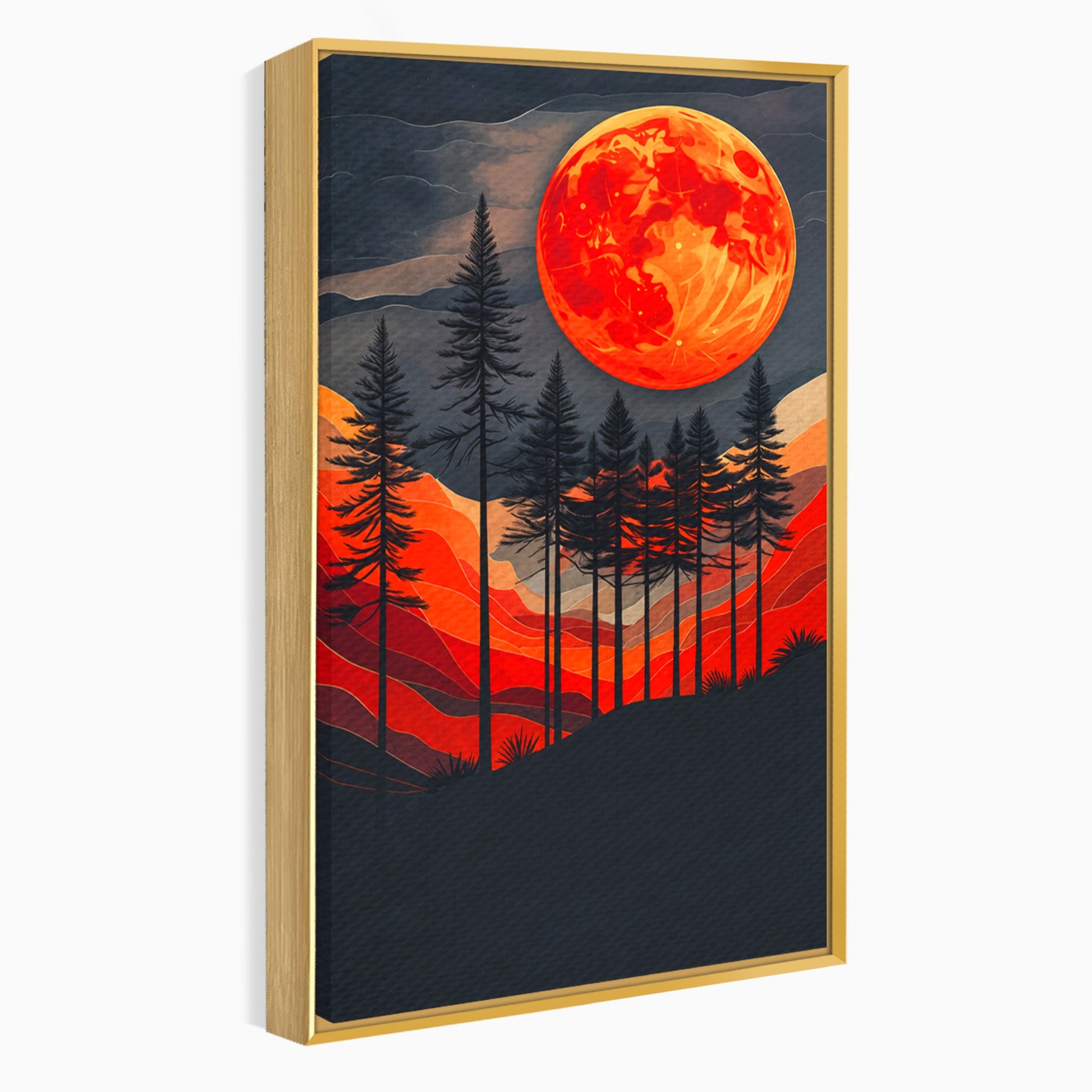 Tablou Canvas Premium LuxCanva® A1718, Luna Rosie Peste Padure, Luna, Padure, Peisaj, Apus, Dormitor, Culori Vibrante