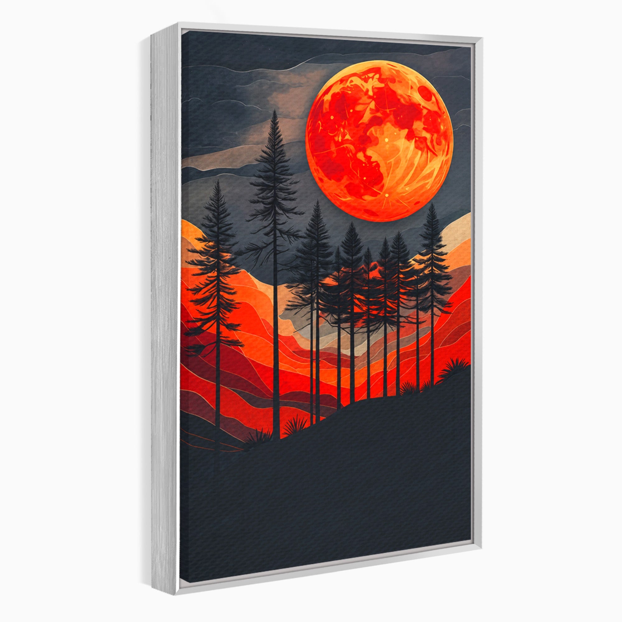 Tablou Canvas Premium LuxCanva® A1718, Luna Rosie Peste Padure, Luna, Padure, Peisaj, Apus, Dormitor, Culori Vibrante