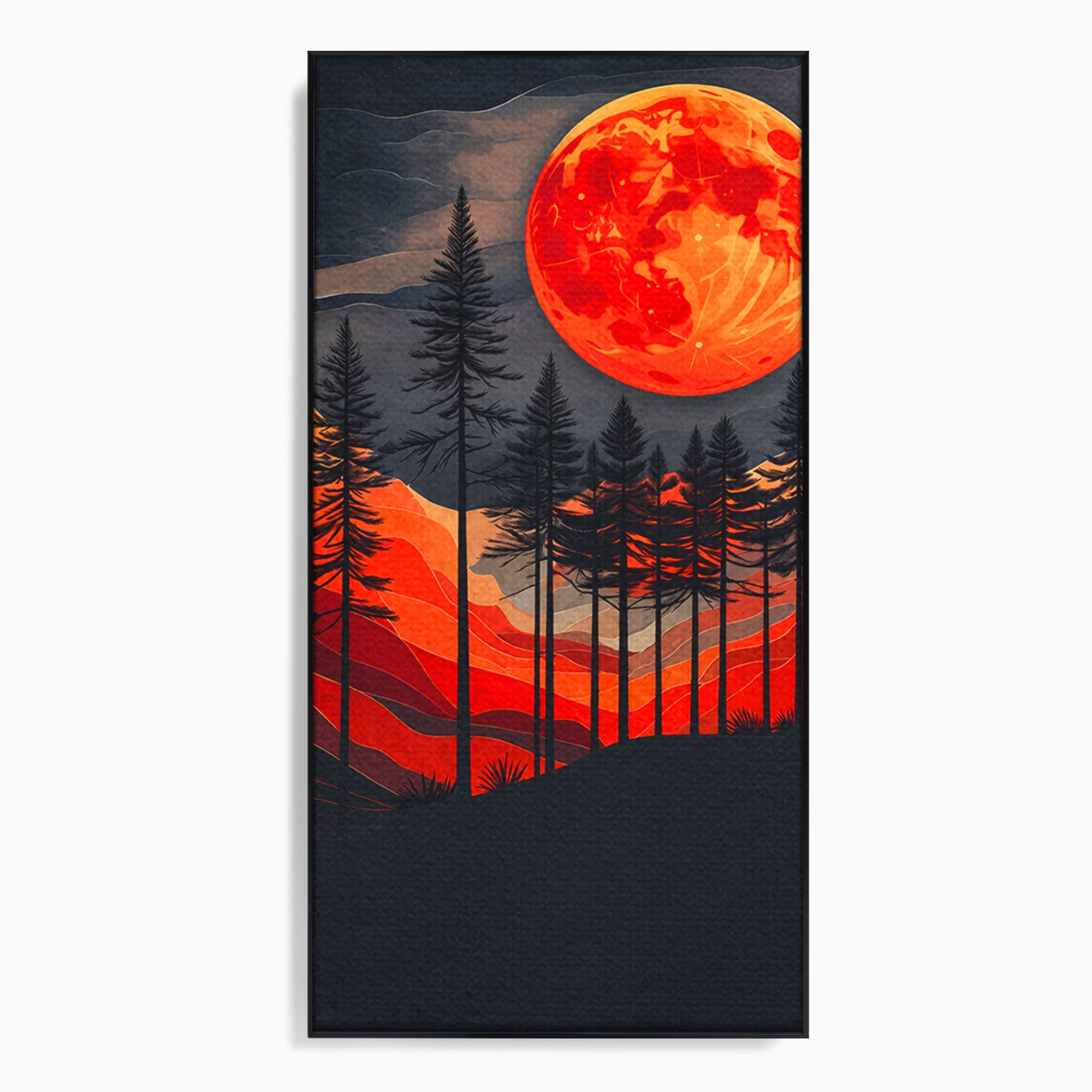 Tablou Canvas Premium LuxCanva® A1718, Luna Rosie Peste Padure, Luna, Padure, Peisaj, Apus, Dormitor, Culori Vibrante