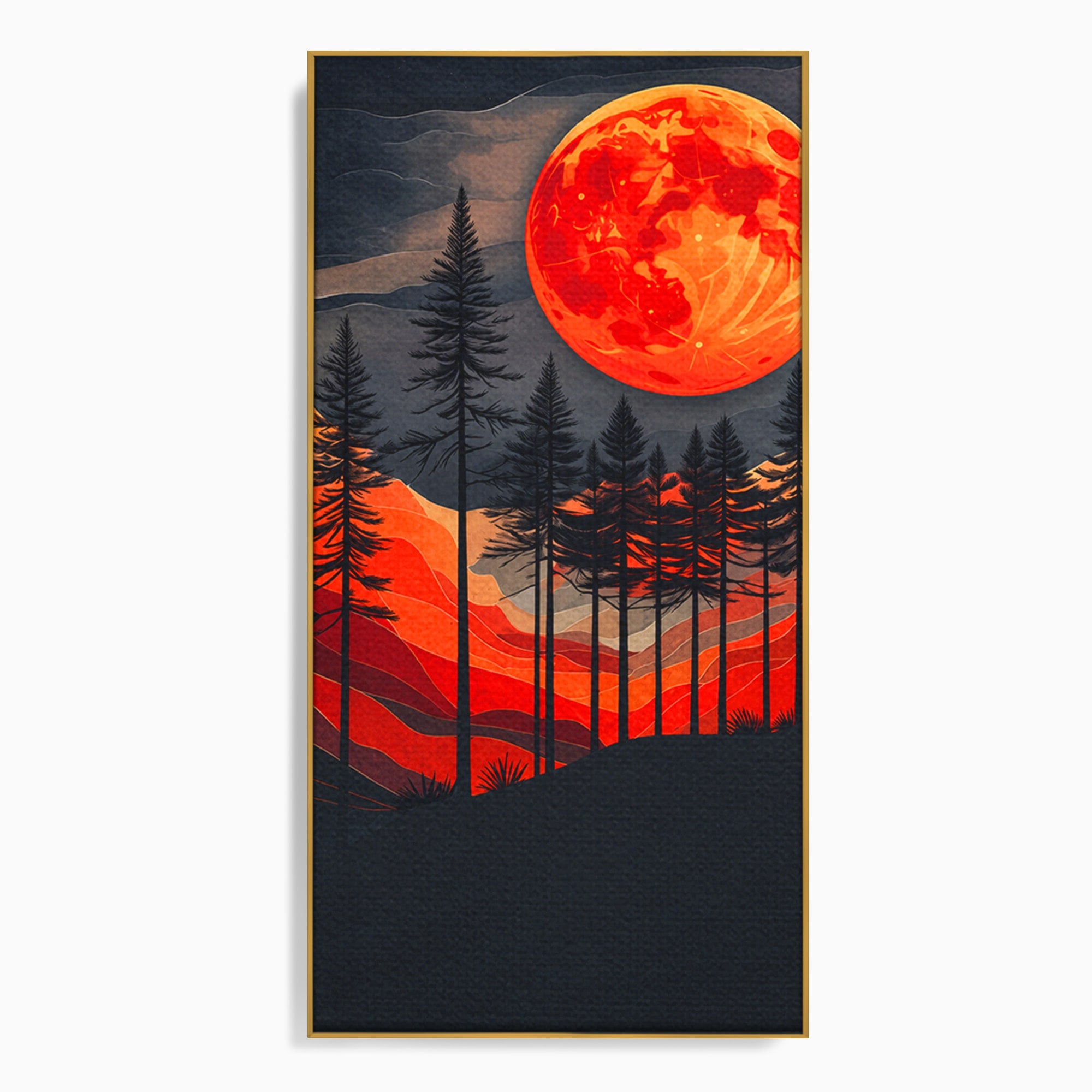 Tablou Canvas Premium LuxCanva® A1718, Luna Rosie Peste Padure, Luna, Padure, Peisaj, Apus, Dormitor, Culori Vibrante