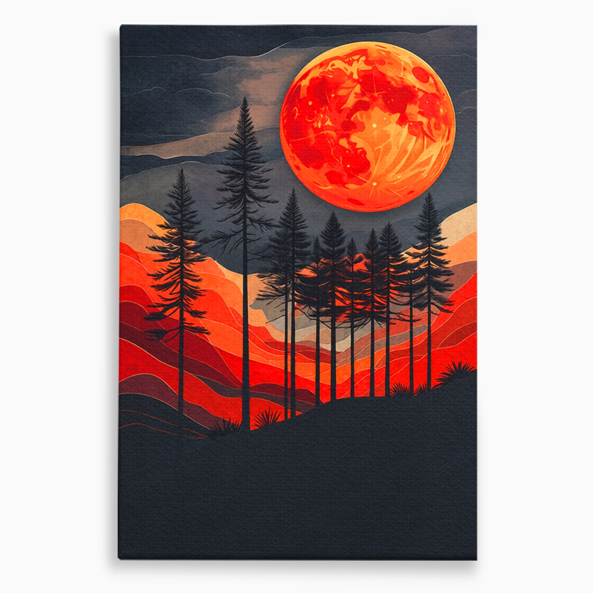 Tablou Canvas Premium LuxCanva® A1718, Luna Rosie Peste Padure, Luna, Padure, Peisaj, Apus, Dormitor, Culori Vibrante