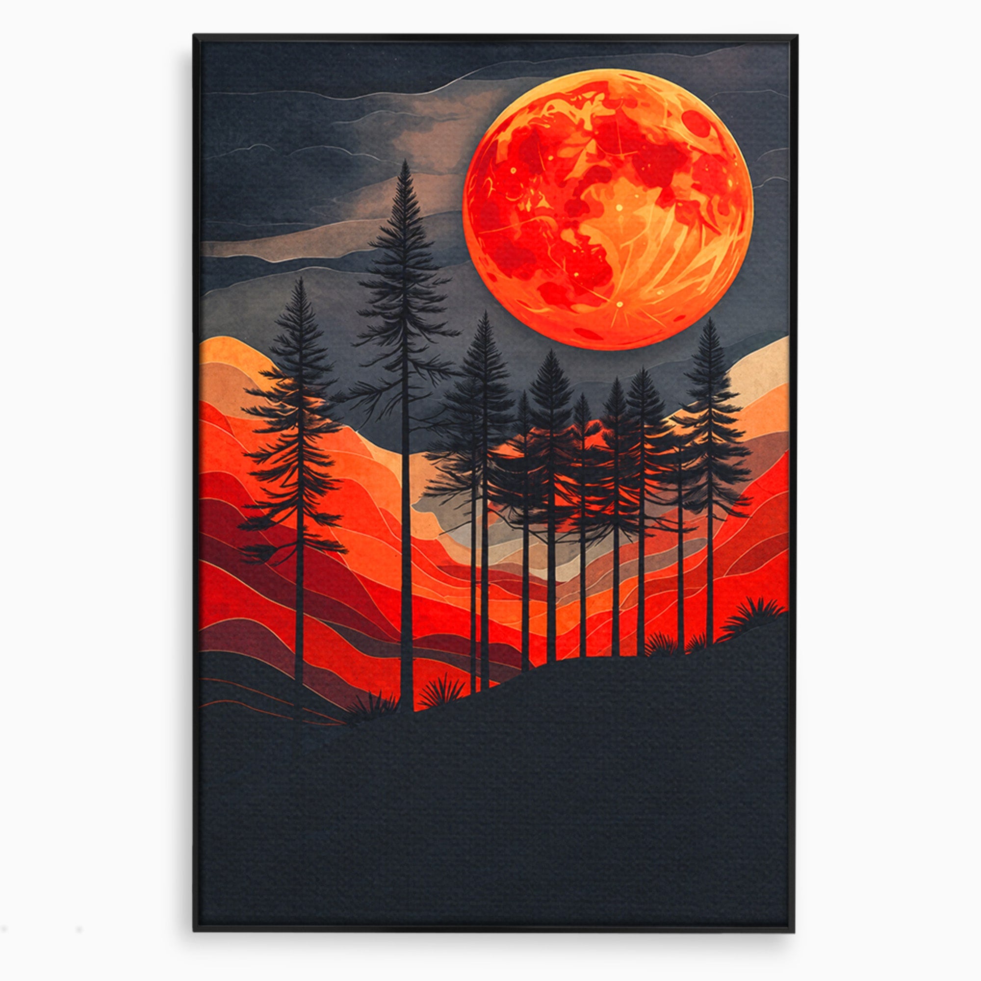 Tablou Canvas Premium LuxCanva® A1718, Luna Rosie Peste Padure, Luna, Padure, Peisaj, Apus, Dormitor, Culori Vibrante