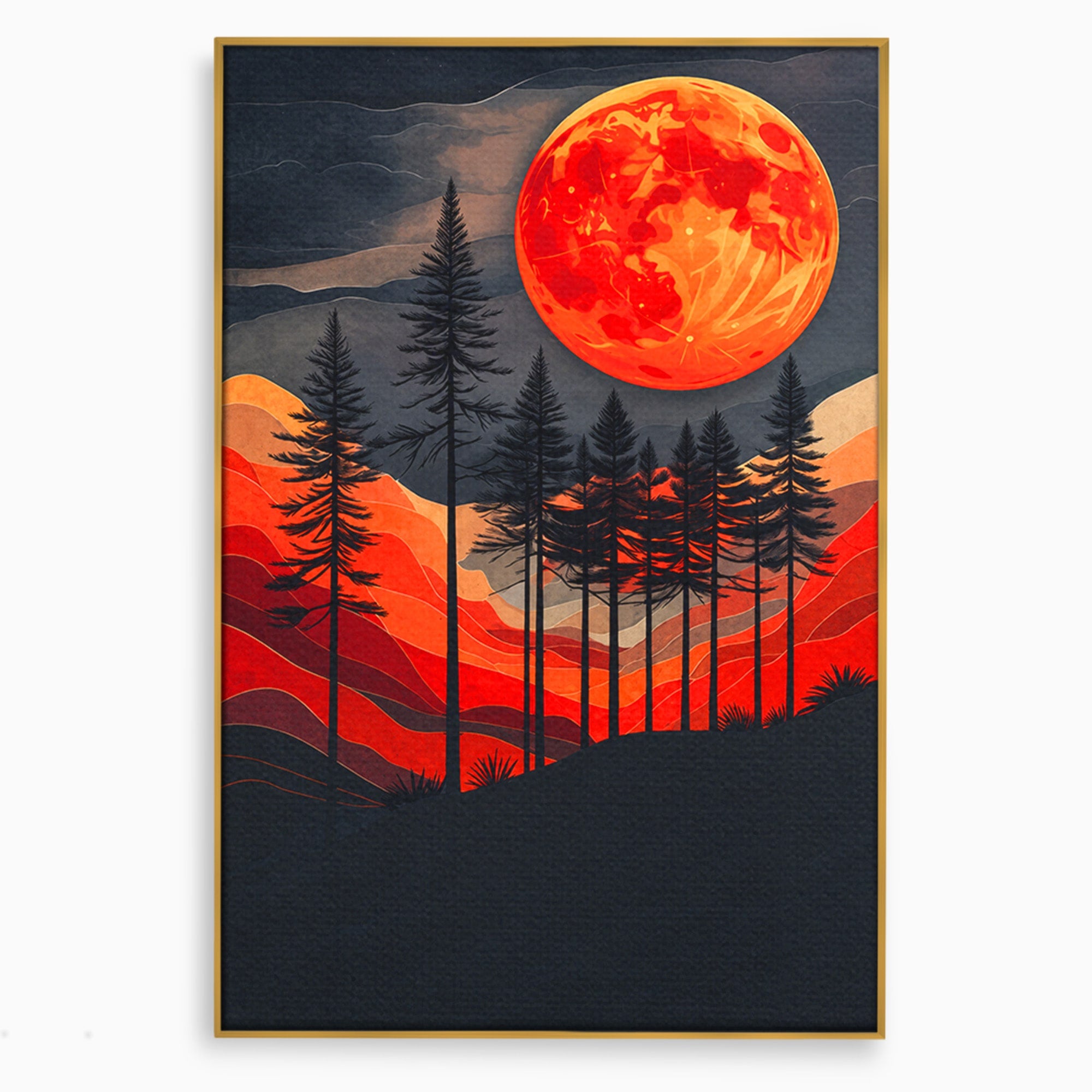 Tablou Canvas Premium LuxCanva® A1718, Luna Rosie Peste Padure, Luna, Padure, Peisaj, Apus, Dormitor, Culori Vibrante