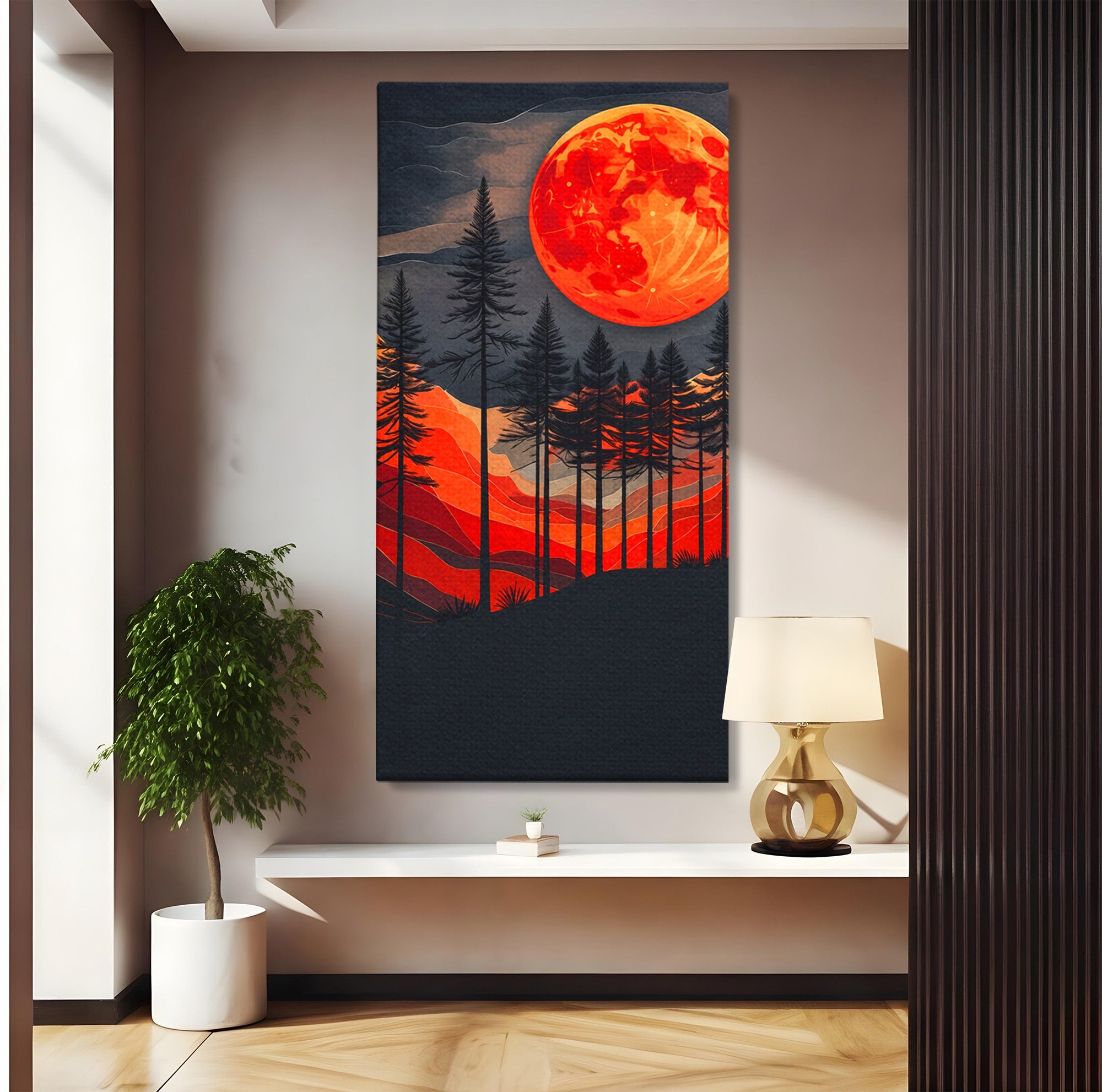 Tablou Canvas Premium LuxCanva® A1718, Luna Rosie Peste Padure, Luna, Padure, Peisaj, Apus, Dormitor, Culori Vibrante