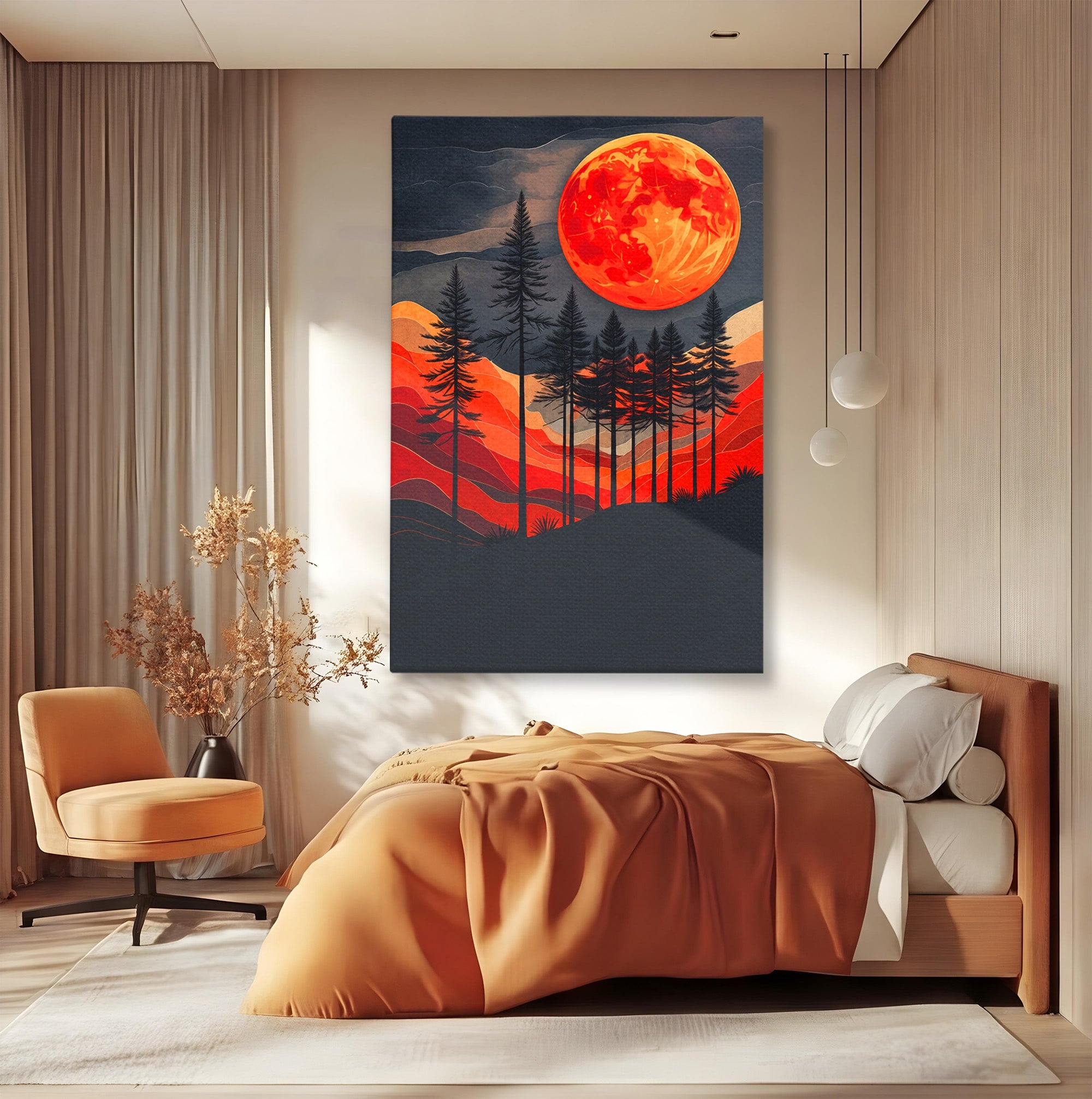Tablou Canvas Premium LuxCanva® A1718, Luna Rosie Peste Padure, Luna, Padure, Peisaj, Apus, Dormitor, Culori Vibrante