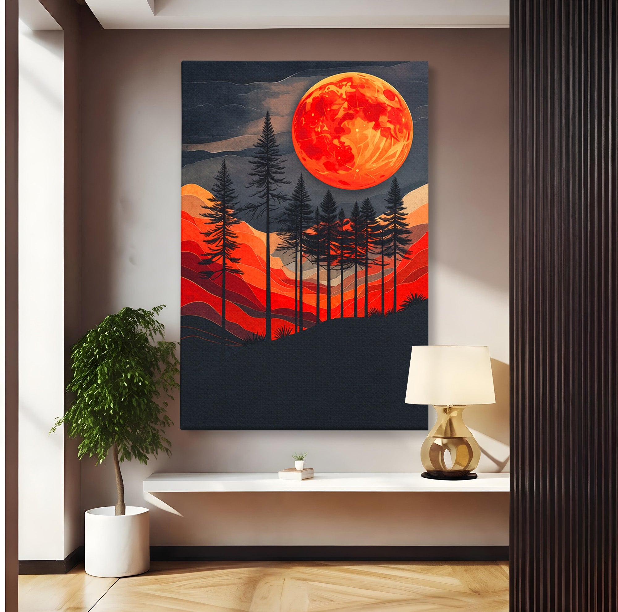 Tablou Canvas Premium LuxCanva® A1718, Luna Rosie Peste Padure, Luna, Padure, Peisaj, Apus, Dormitor, Culori Vibrante