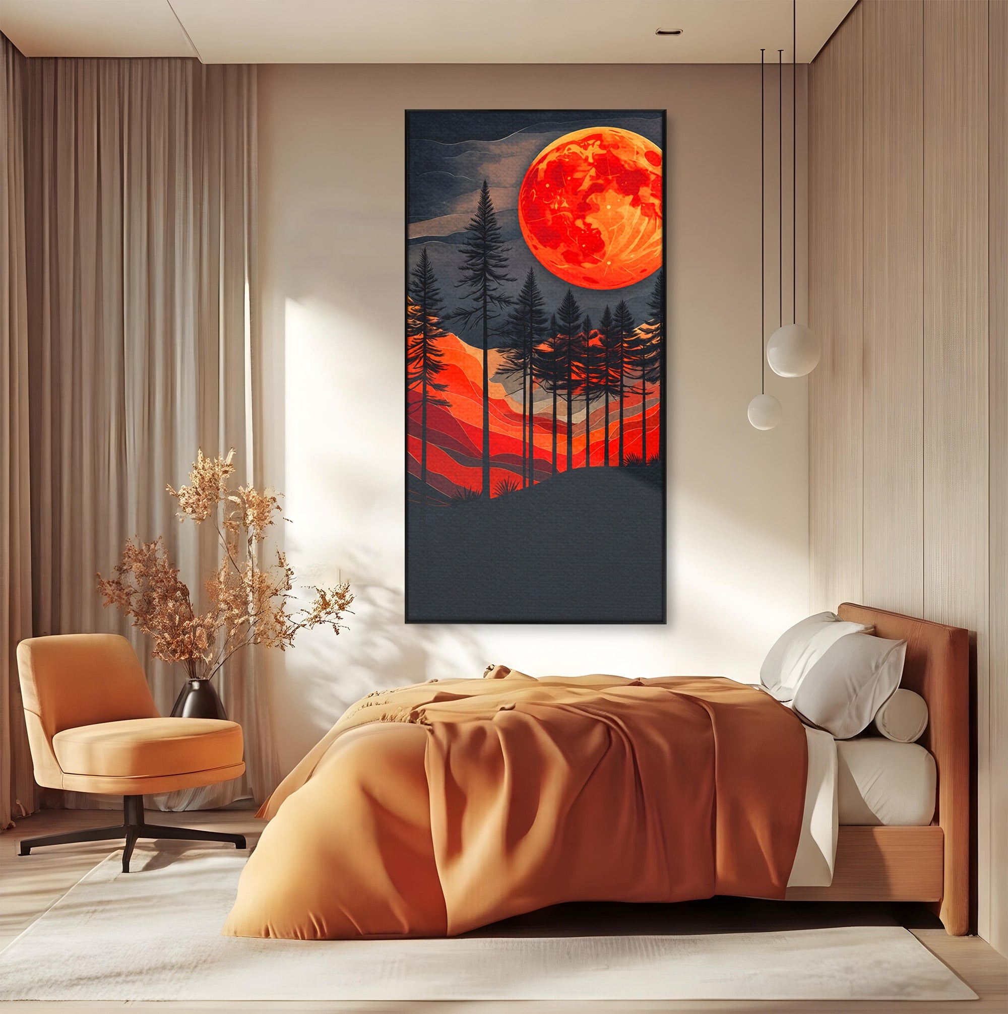 Tablou Canvas Premium LuxCanva® A1718, Luna Rosie Peste Padure, Luna, Padure, Peisaj, Apus, Dormitor, Culori Vibrante