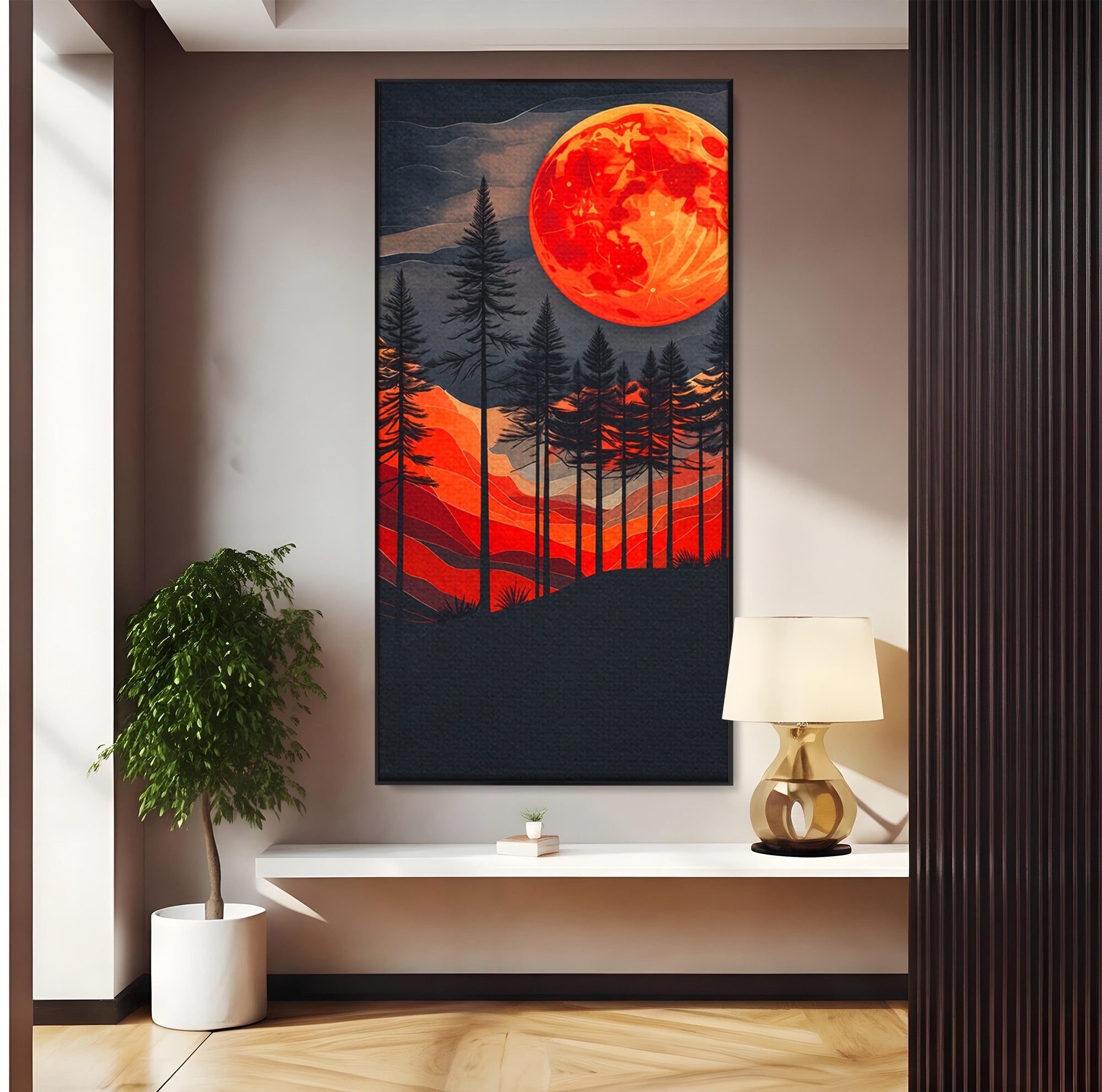 Tablou Canvas Premium LuxCanva® A1718, Luna Rosie Peste Padure, Luna, Padure, Peisaj, Apus, Dormitor, Culori Vibrante