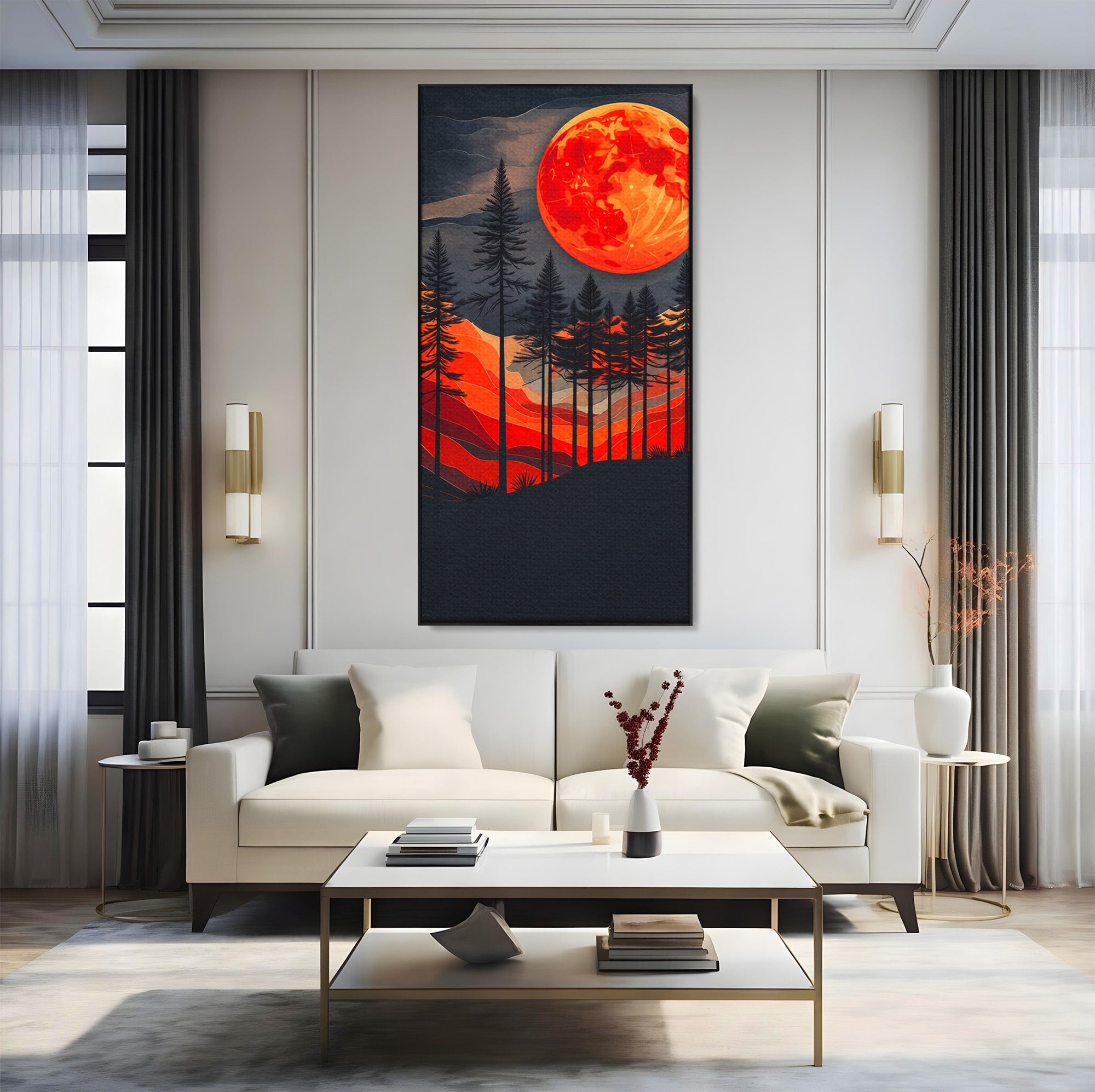 Tablou Canvas Premium LuxCanva® A1718, Luna Rosie Peste Padure, Luna, Padure, Peisaj, Apus, Dormitor, Culori Vibrante