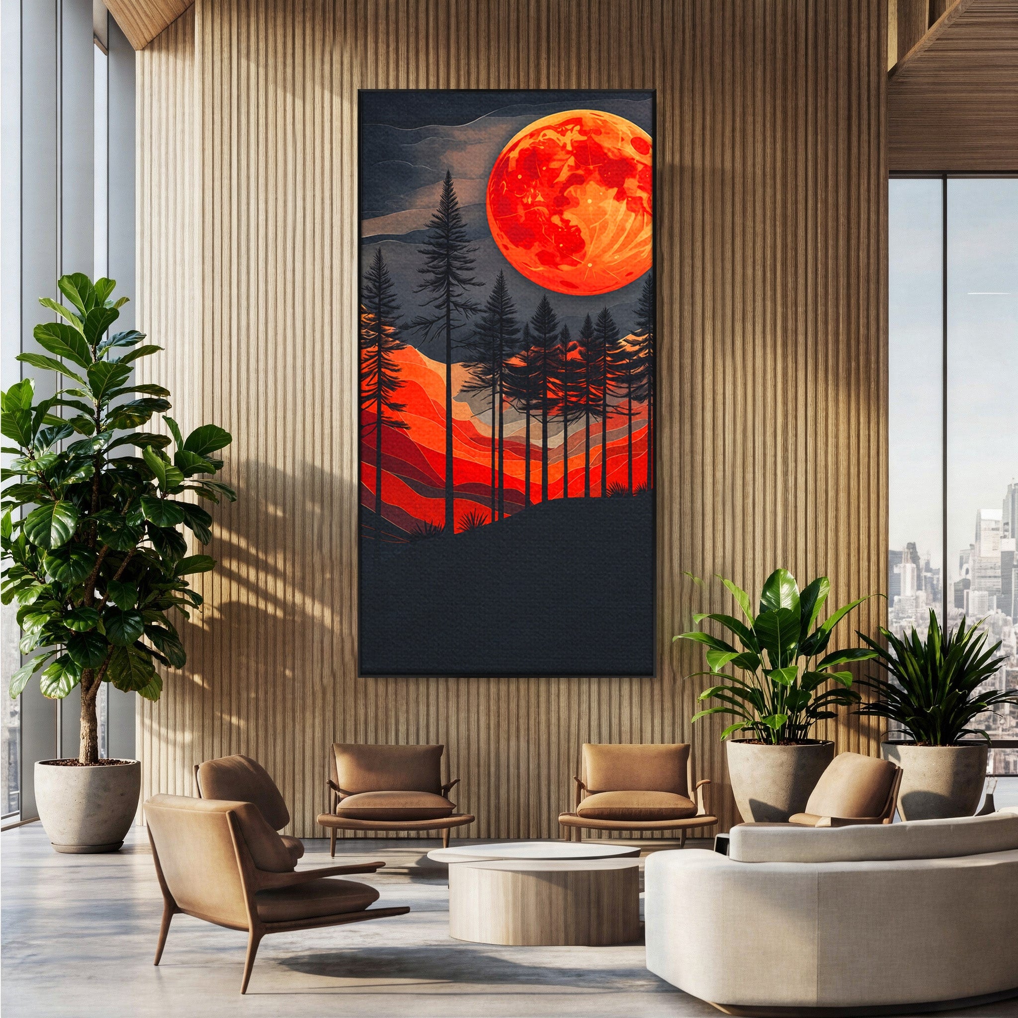Tablou Canvas Premium LuxCanva® A1718, Luna Rosie Peste Padure, Luna, Padure, Peisaj, Apus, Dormitor, Culori Vibrante