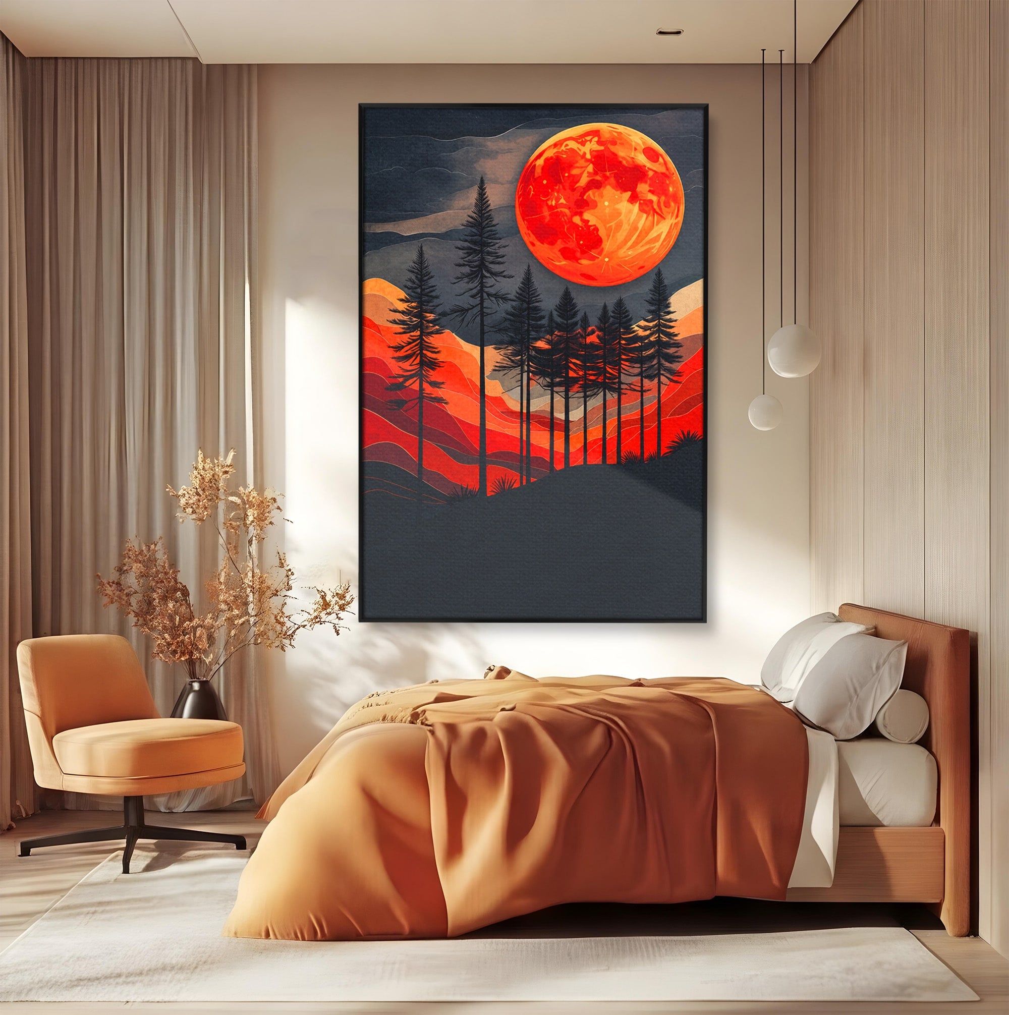 Tablou Canvas Premium LuxCanva® A1718, Luna Rosie Peste Padure, Luna, Padure, Peisaj, Apus, Dormitor, Culori Vibrante